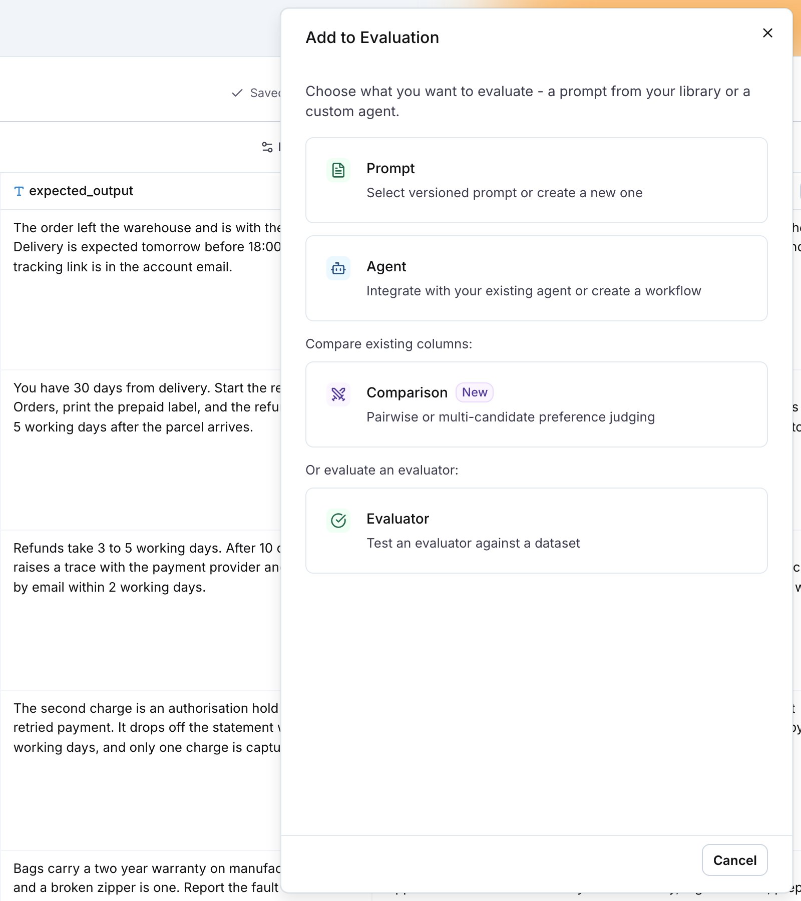 The Add to Evaluation drawer with the Prompt, Agent, Comparison and Evaluator cards