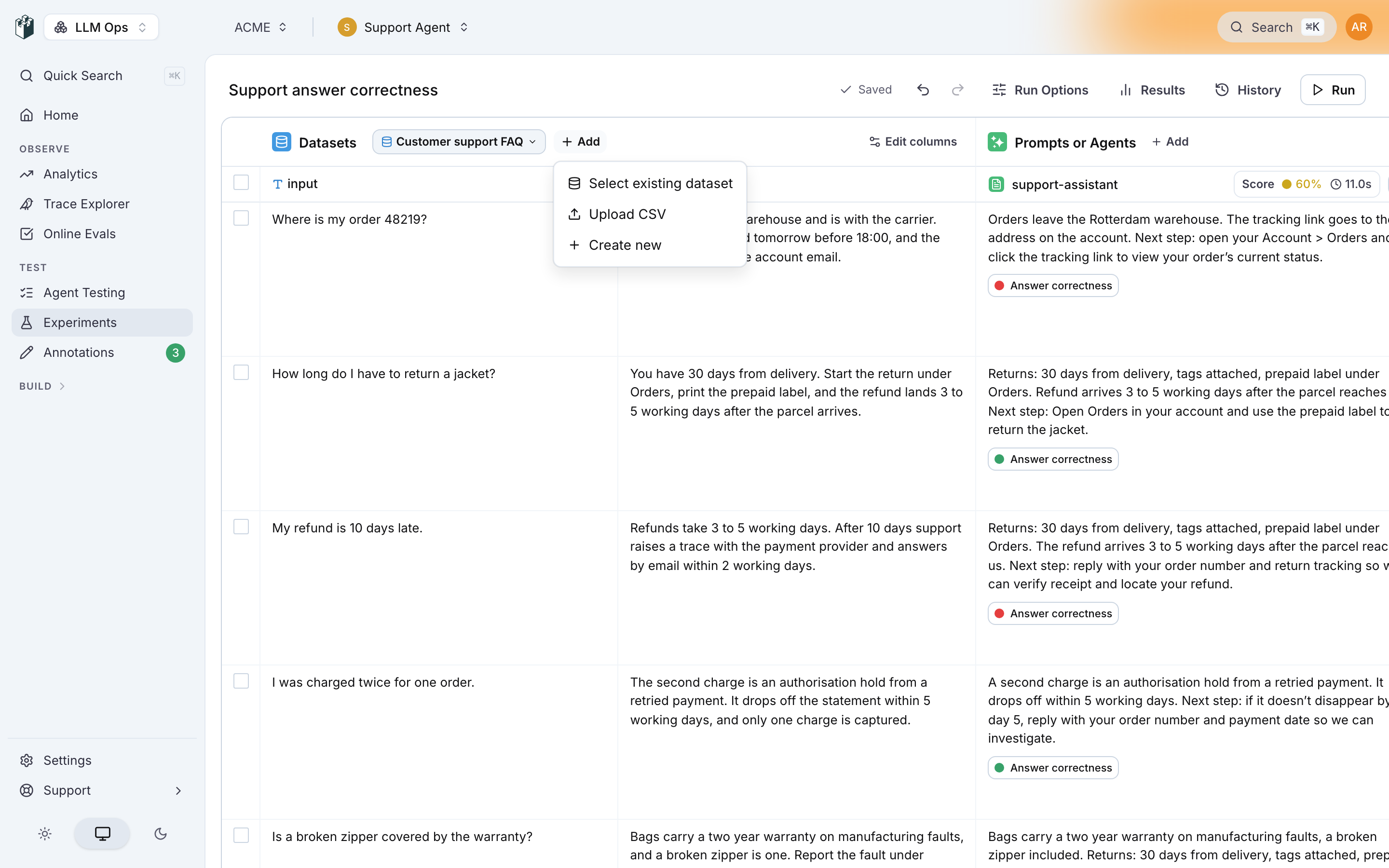 The Datasets Add menu with Select existing dataset, Upload CSV and Create new