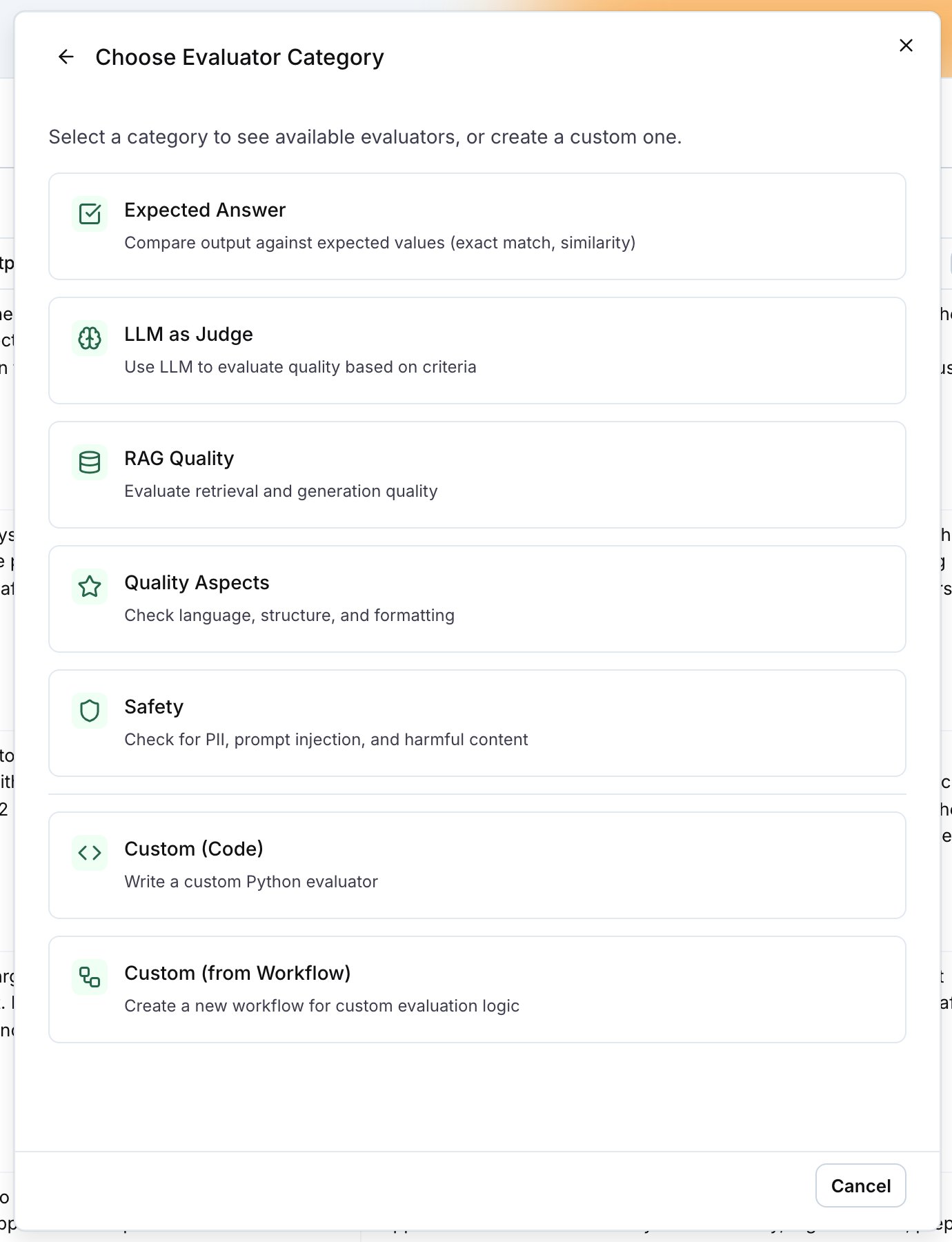 The Choose Evaluator Category drawer with the five categories and the two custom entries