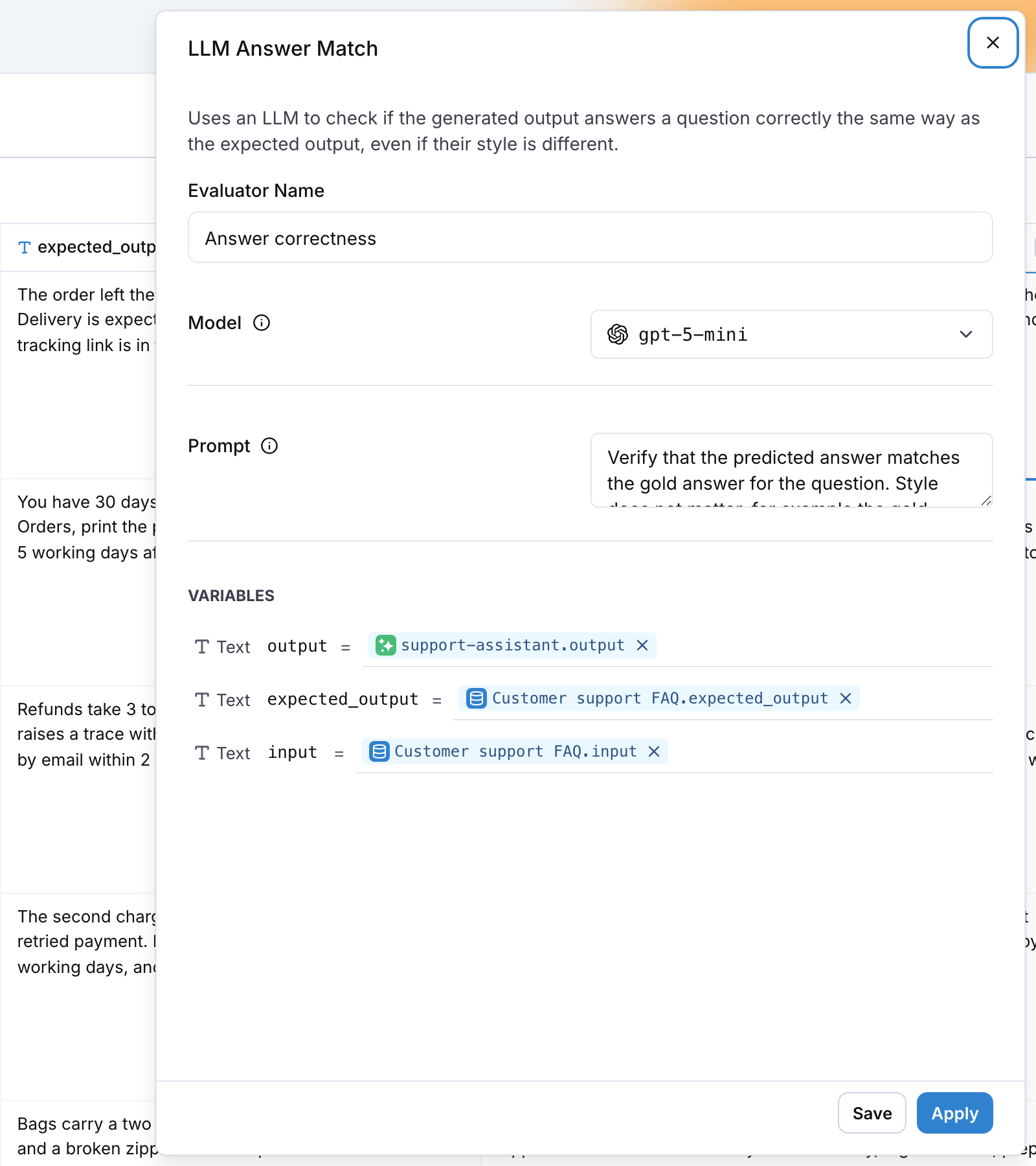 The LLM Answer Match editor with output mapped to the prompt output and expected_output to the dataset column