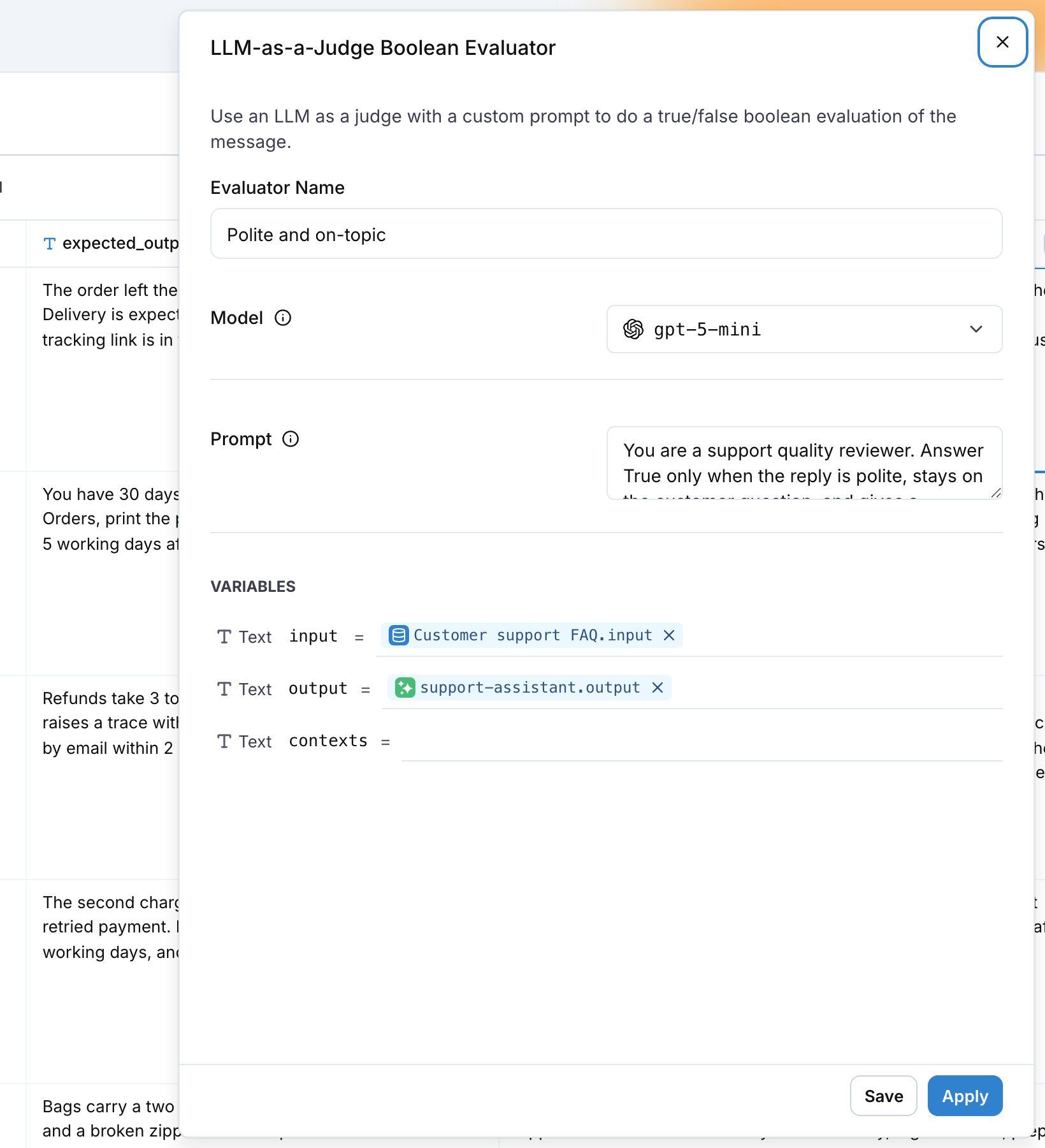 The LLM-as-a-Judge Boolean evaluator editor with the criteria prompt