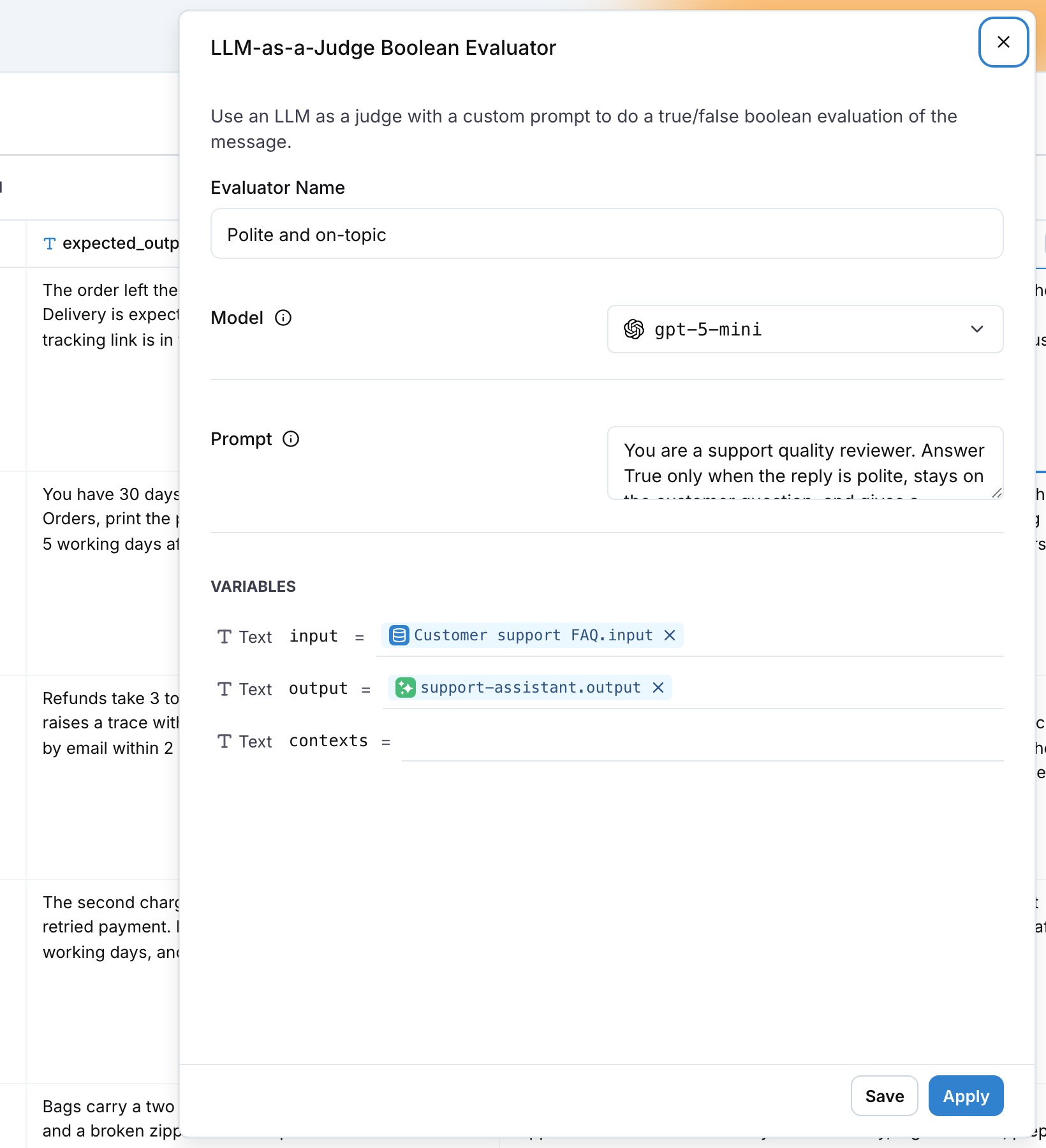 The LLM-as-a-Judge Boolean evaluator editor with the criteria prompt