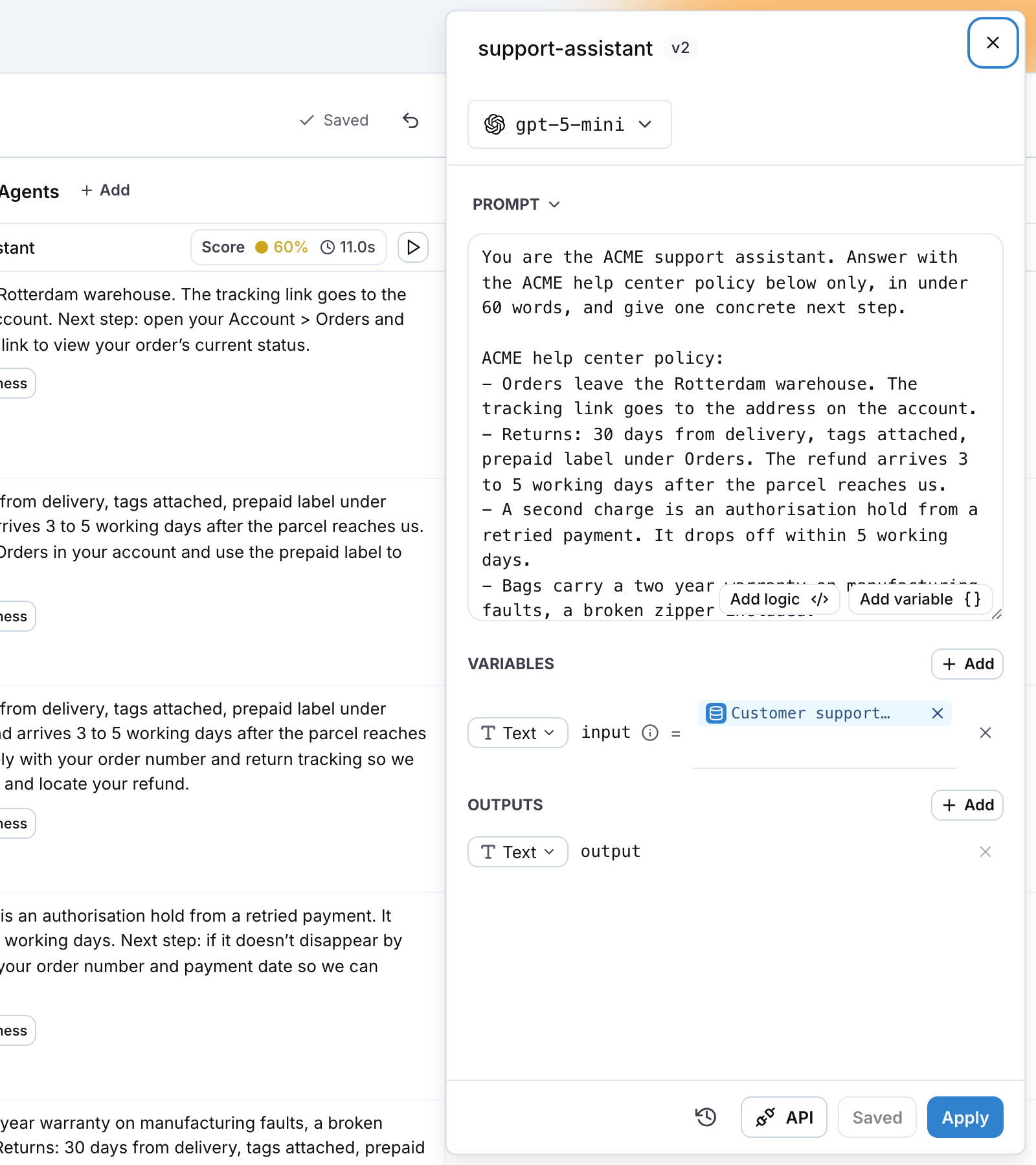 The prompt editor with the model selector and the Variables section mapping input to the dataset column