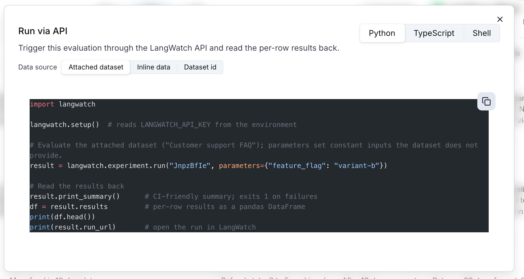 The Run via API dialog with the Python, TypeScript and Shell tabs, the data source tabs and the Python snippet