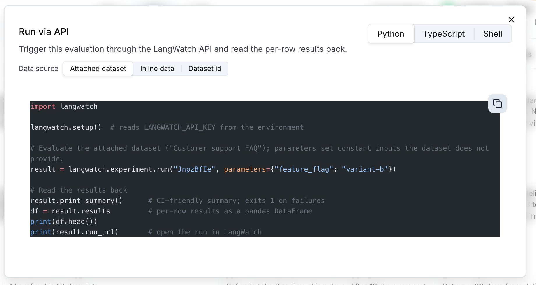 The Run via API dialog with the Python, TypeScript and Shell tabs, the data source tabs and the Python snippet
