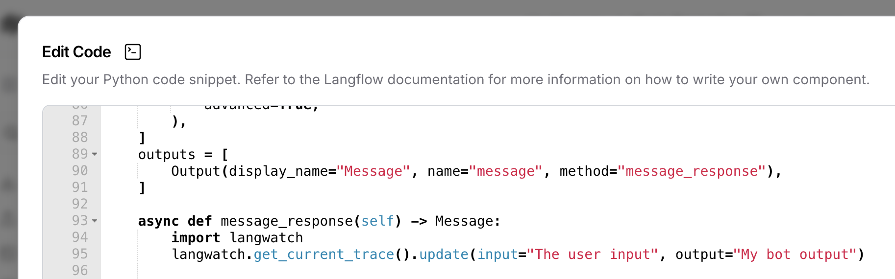Langflow code editor