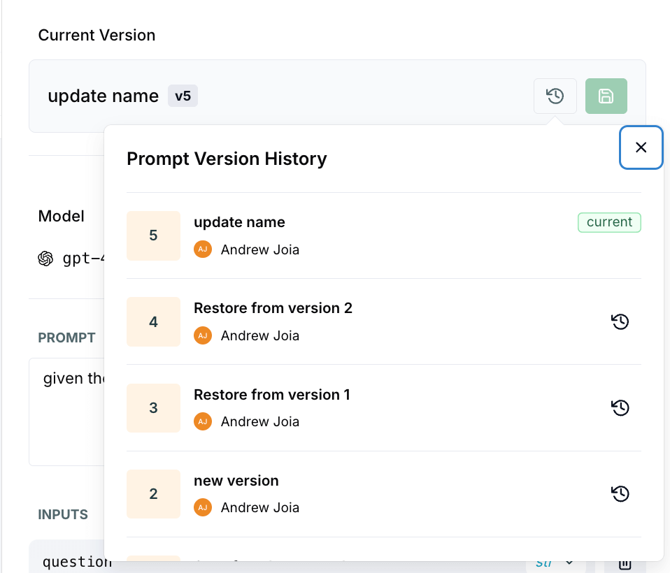 Prompt version history showing multiple versions with timestamps