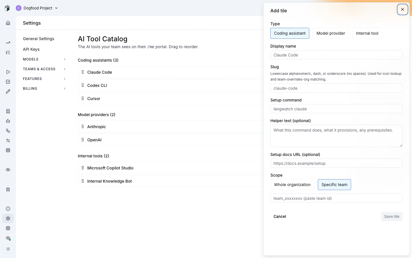 Scope picker, whole-org or specific-team selection