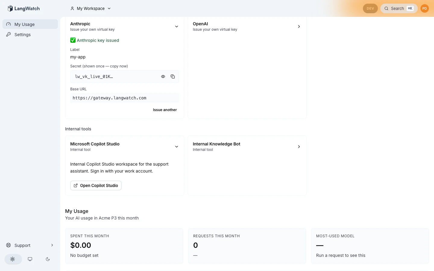 Copilot Studio tile expanded, admin markdown body + external CTA link