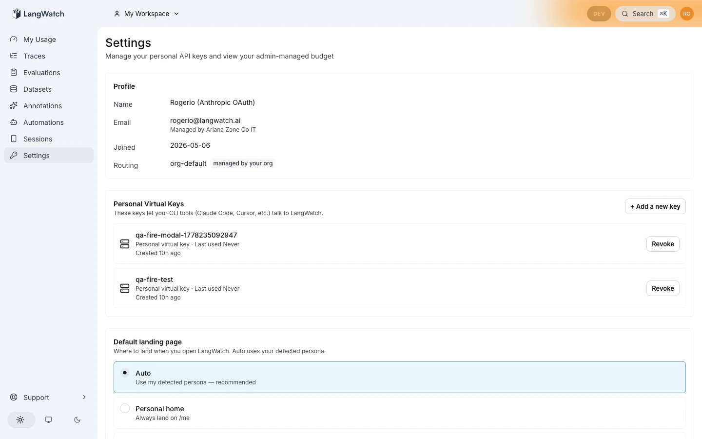 Personal OTLP Endpoint panel on /me/settings