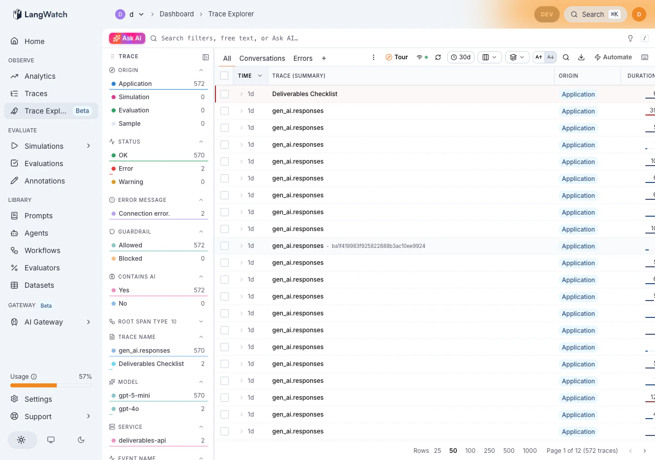 Trace explorer populated