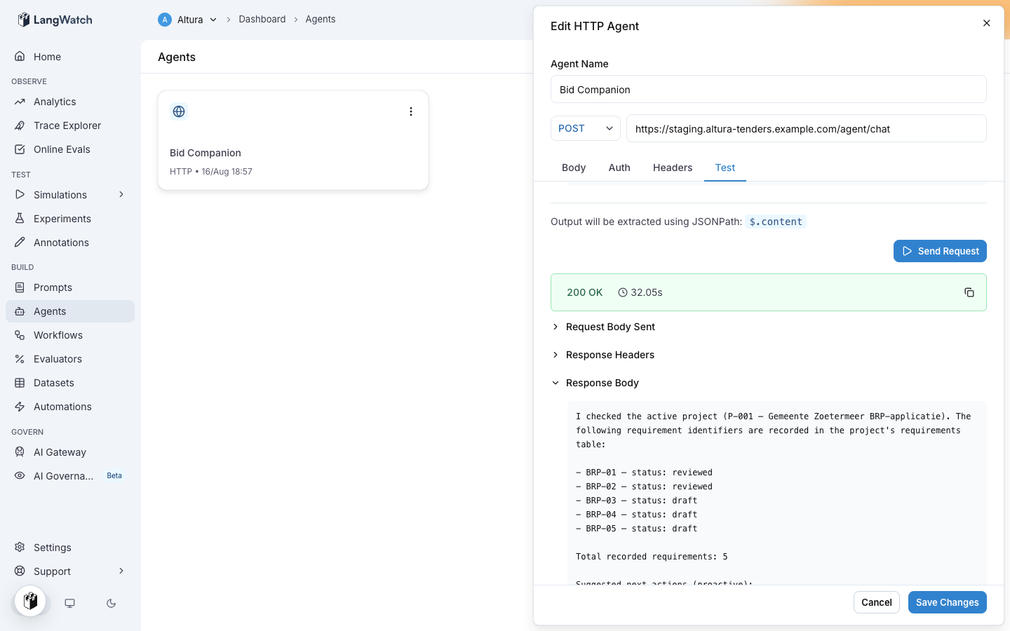 The Test tab showing a 200 response from the agent endpoint and the extracted reply