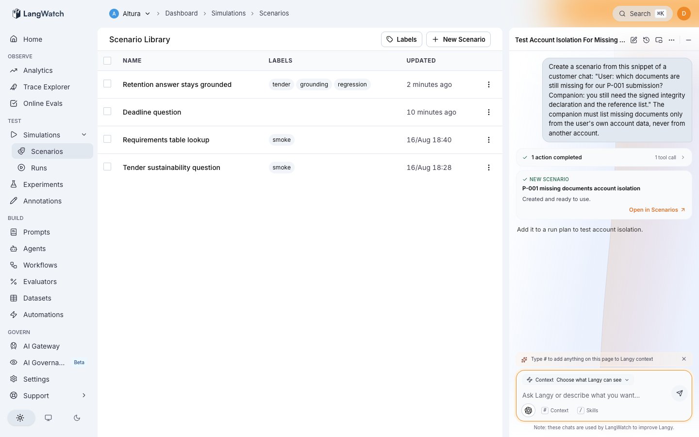 Langy creating a scenario from a pasted snippet of a customer chat