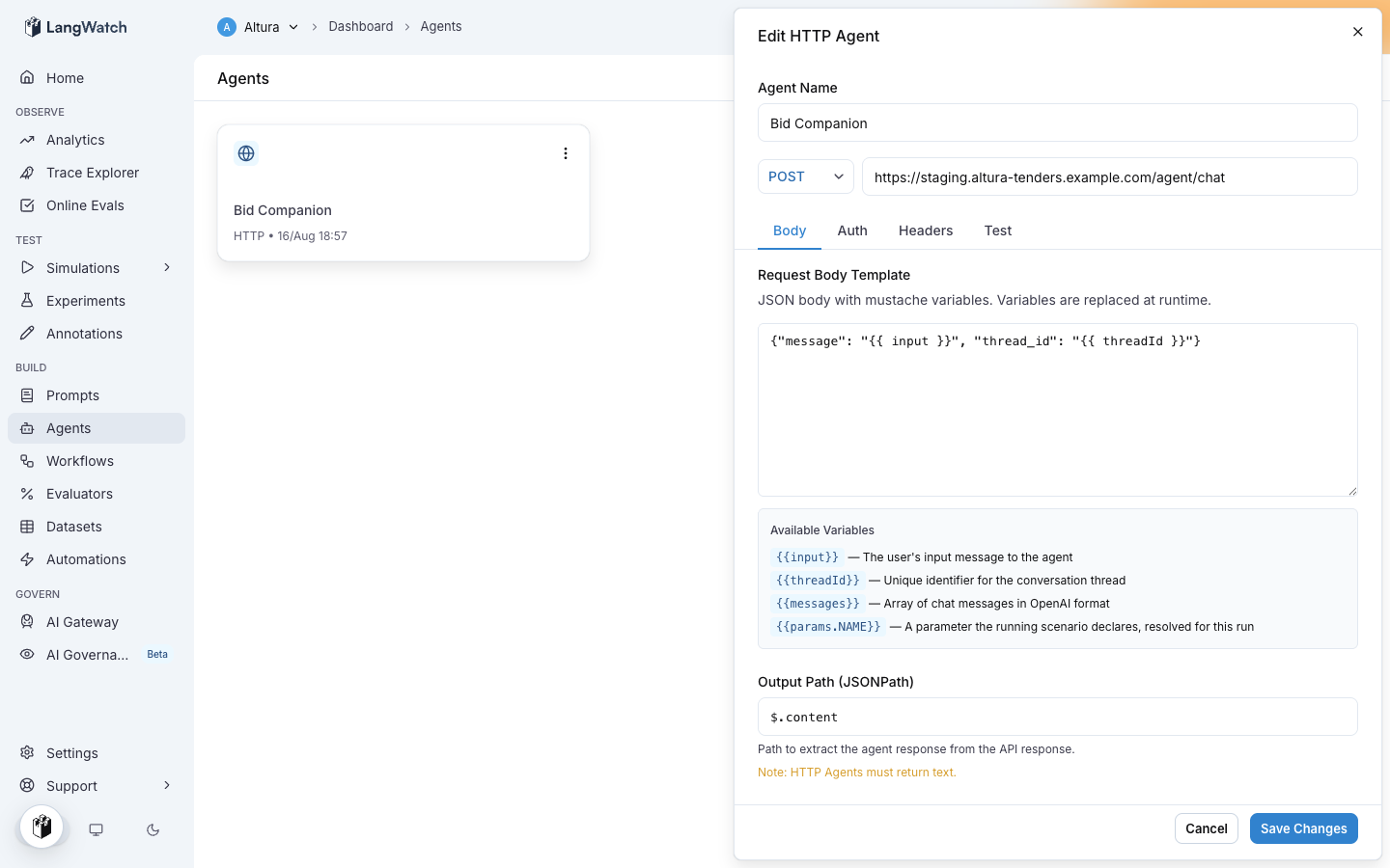The HTTP agent editor with the endpoint URL, request body template and output path