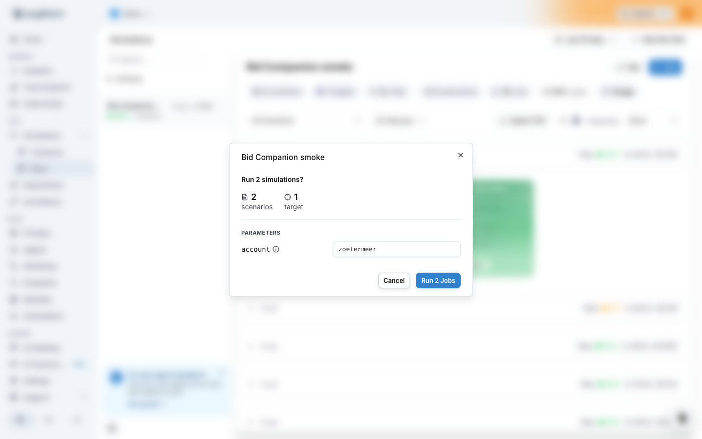 The run confirmation with the scenario count and the run parameters