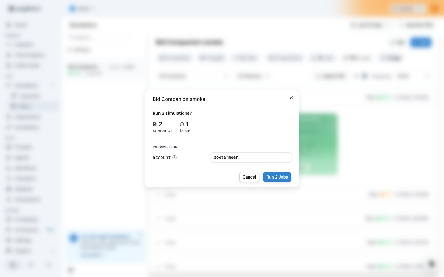 The run confirmation with the scenario count and the run parameters