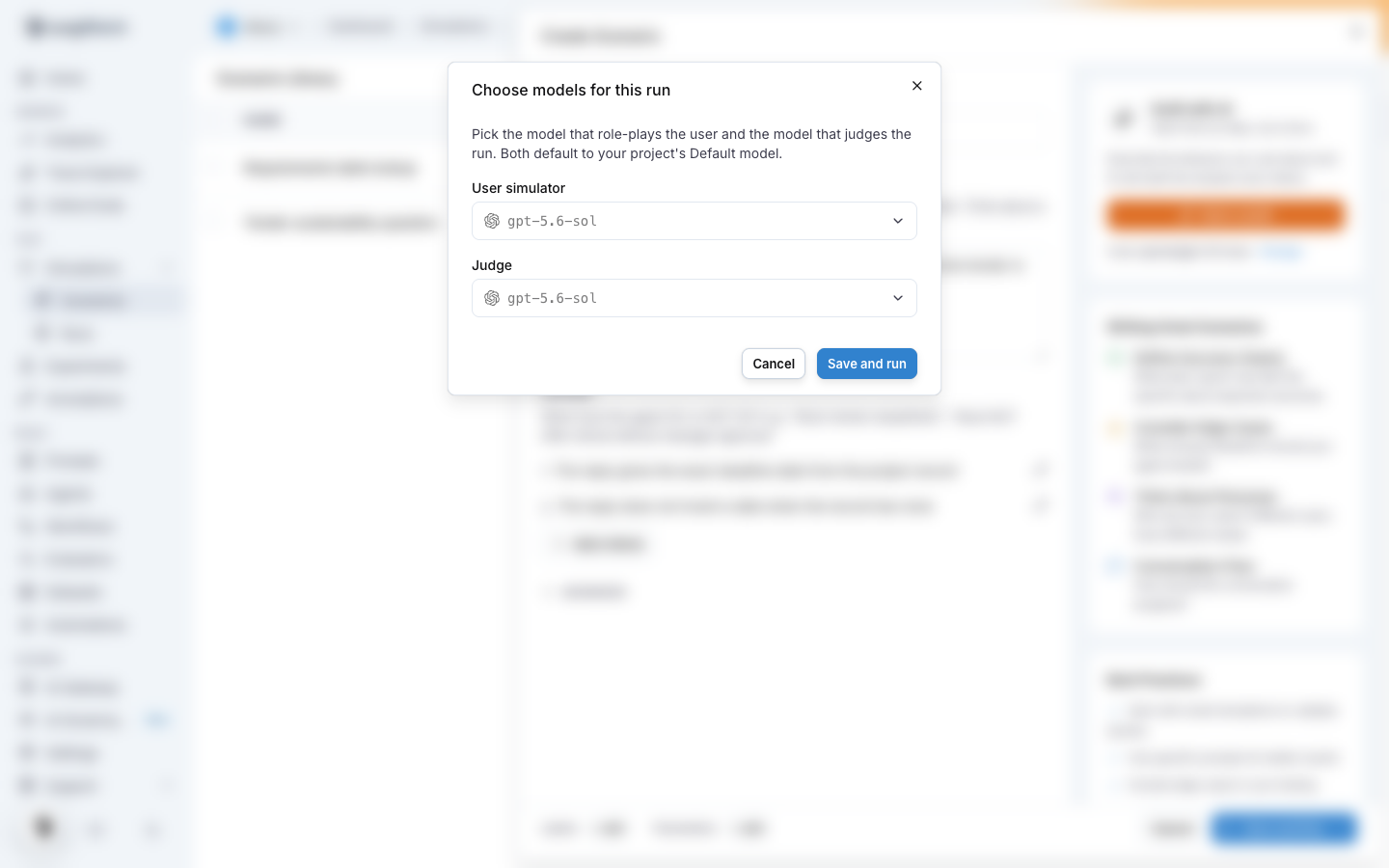 The model picker for the user simulator and the judge