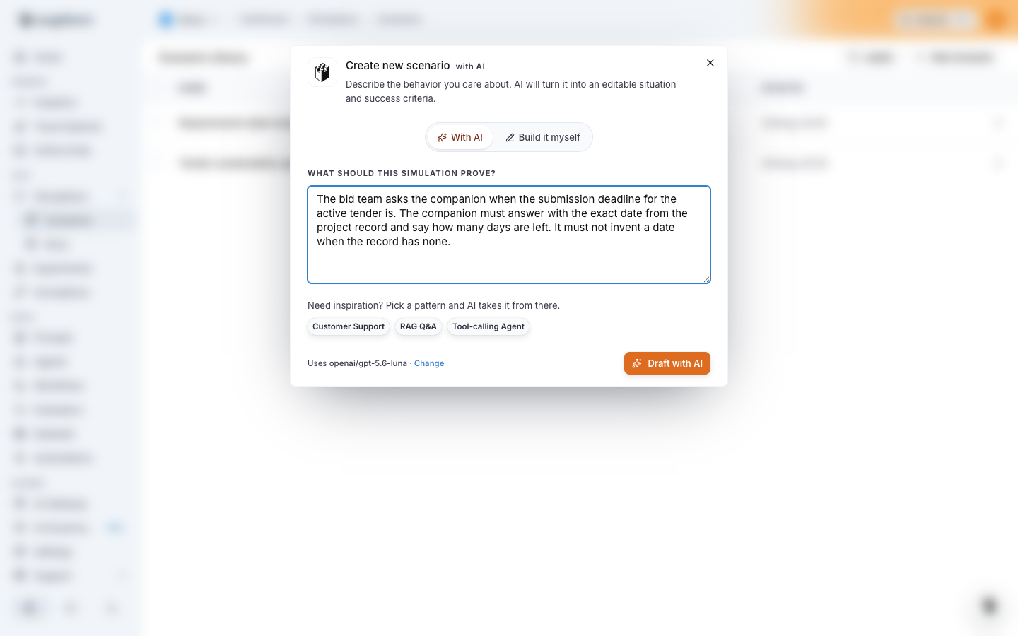 The Create new scenario dialog with a behavior description ready to draft with AI