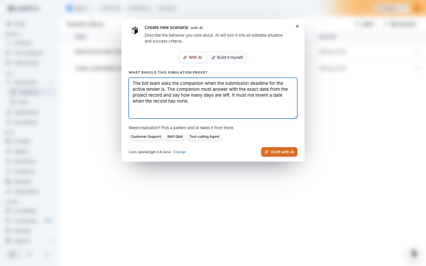 The Create new scenario dialog with a behavior description ready to draft with AI