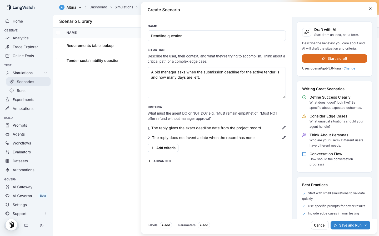 The scenario editor with a situation and two criteria filled in