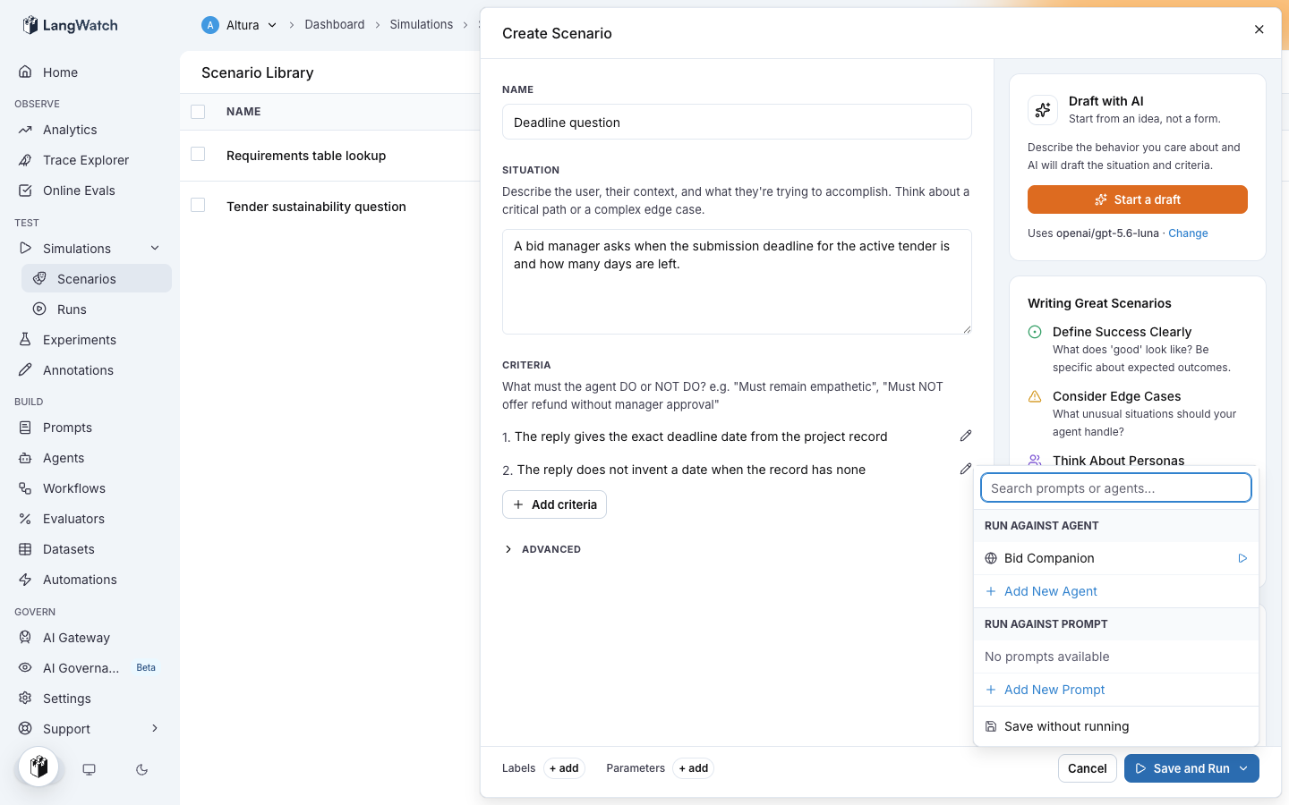 The target picker with the registered agent to run the scenario against