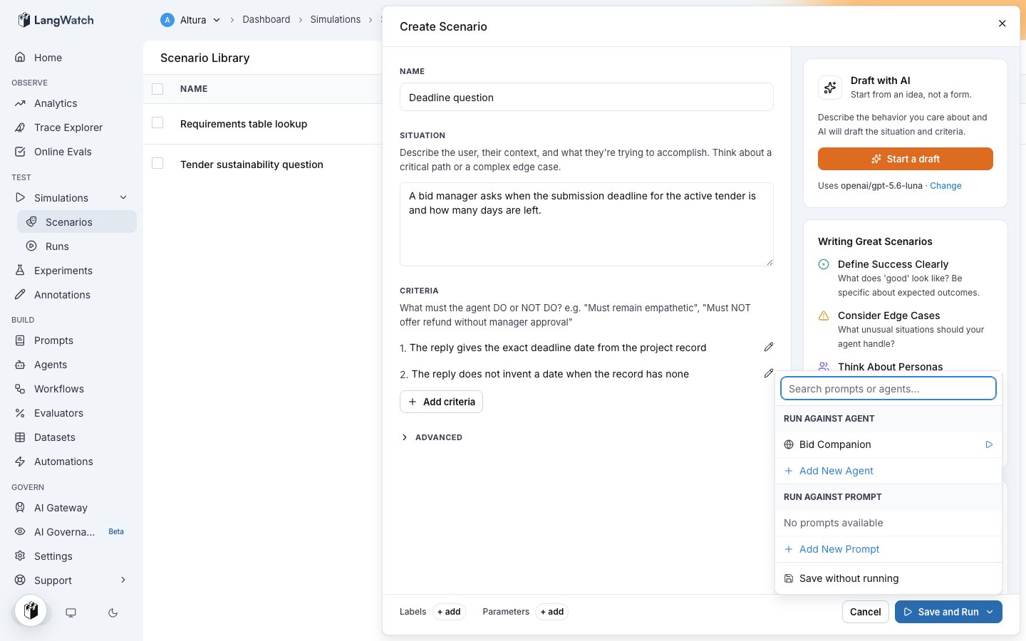 The target picker with the registered agent to run the scenario against