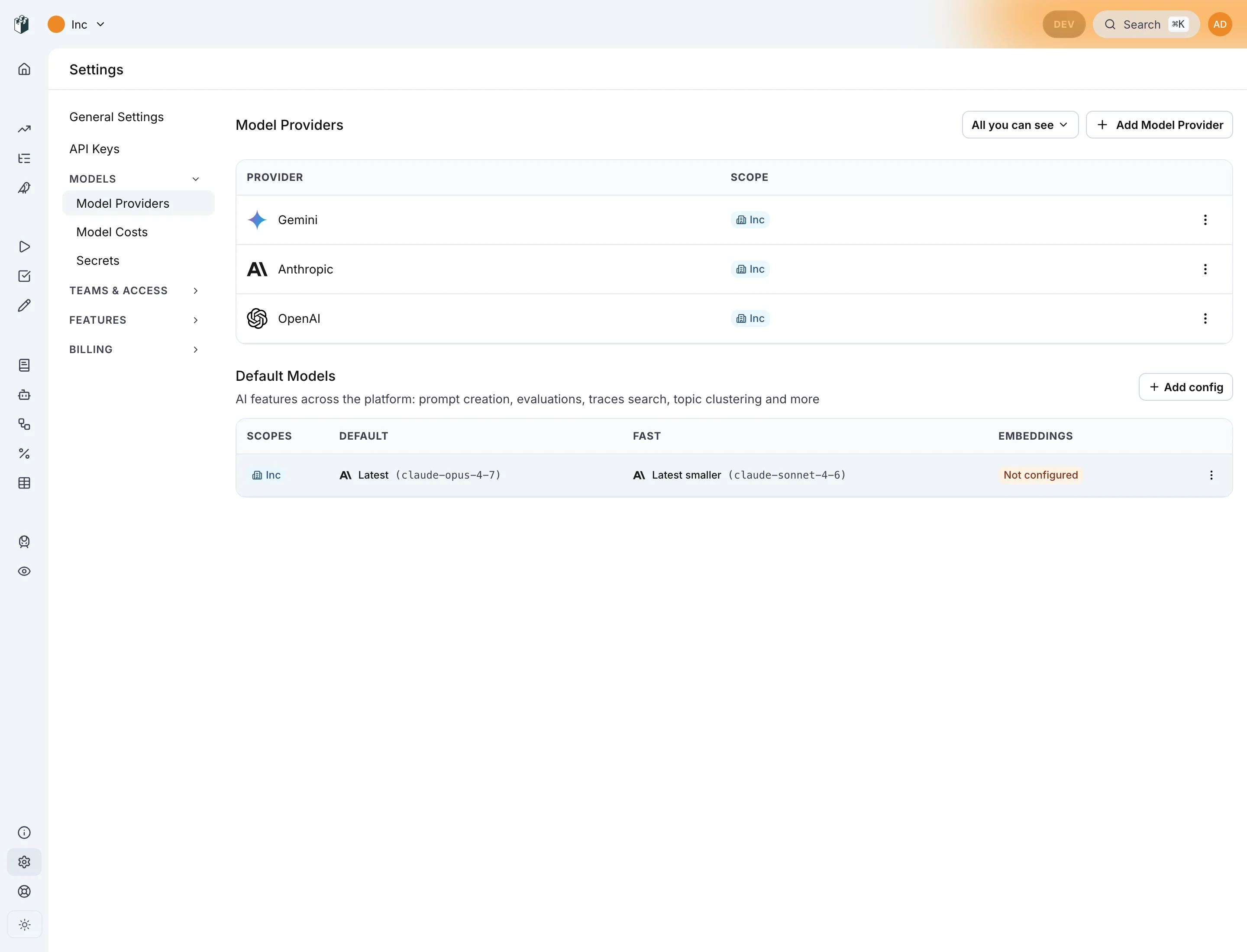 Model providers configured