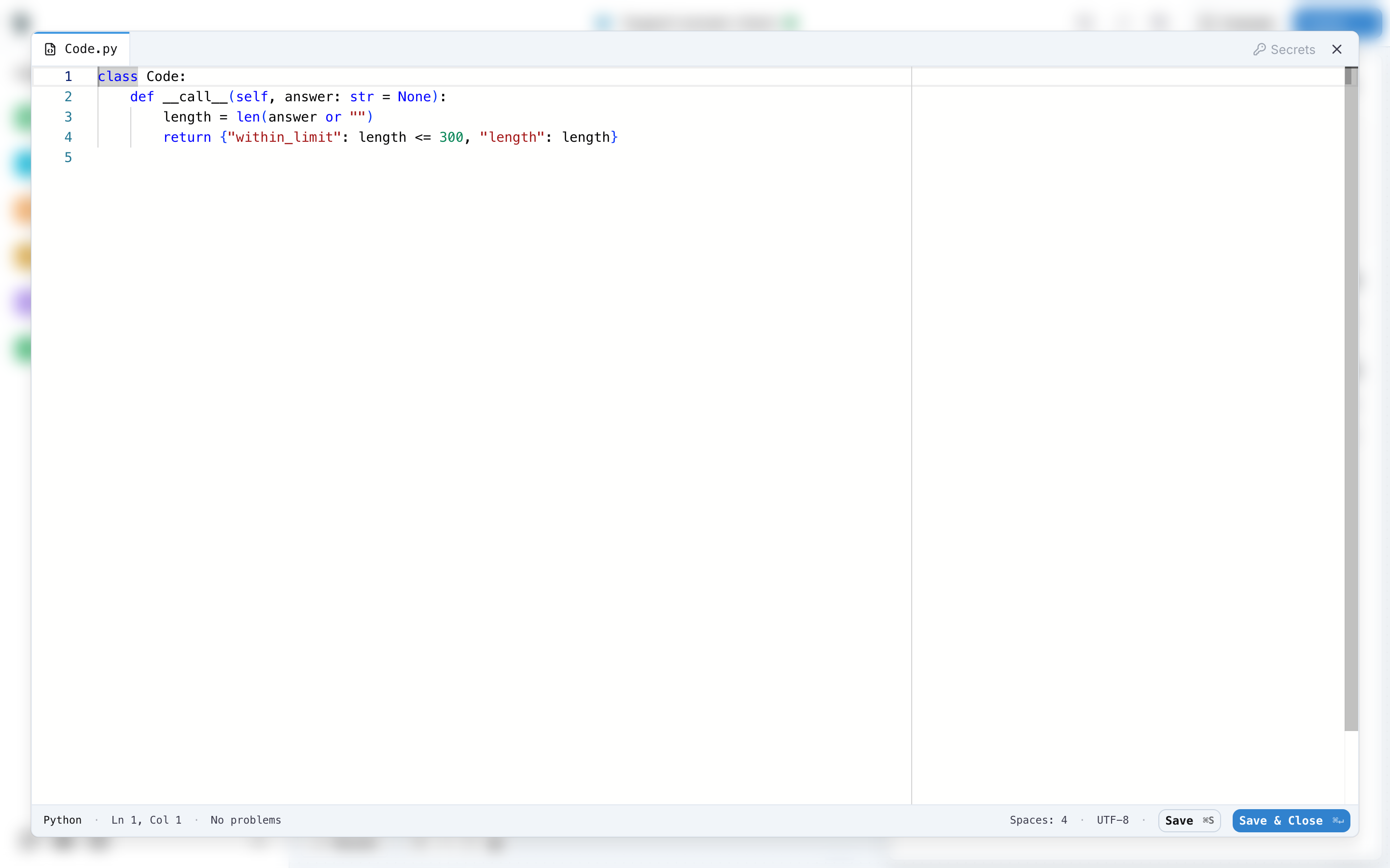 The Python code editor with the Secrets button and Save and Close