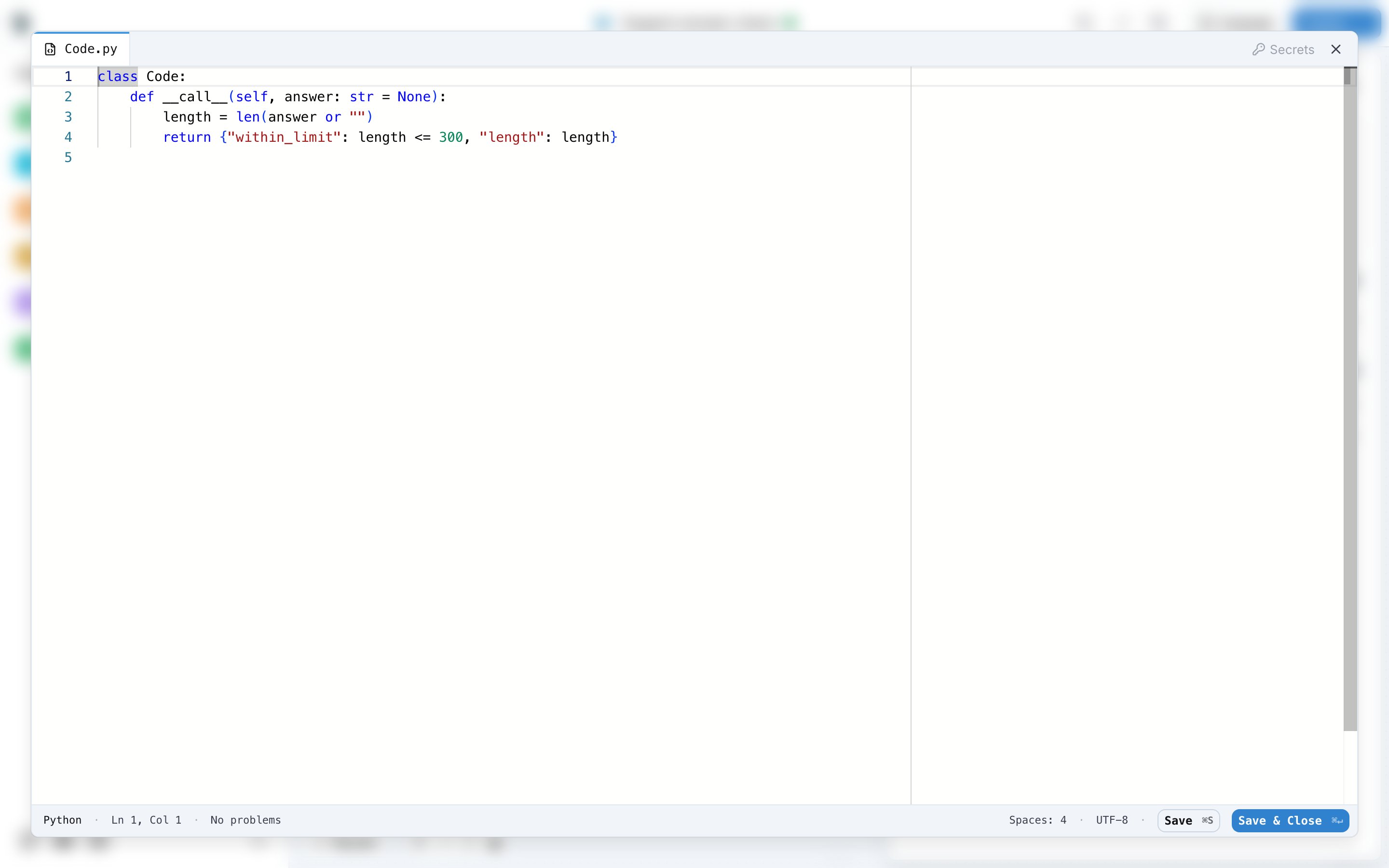The Python code editor with the Secrets button and Save and Close