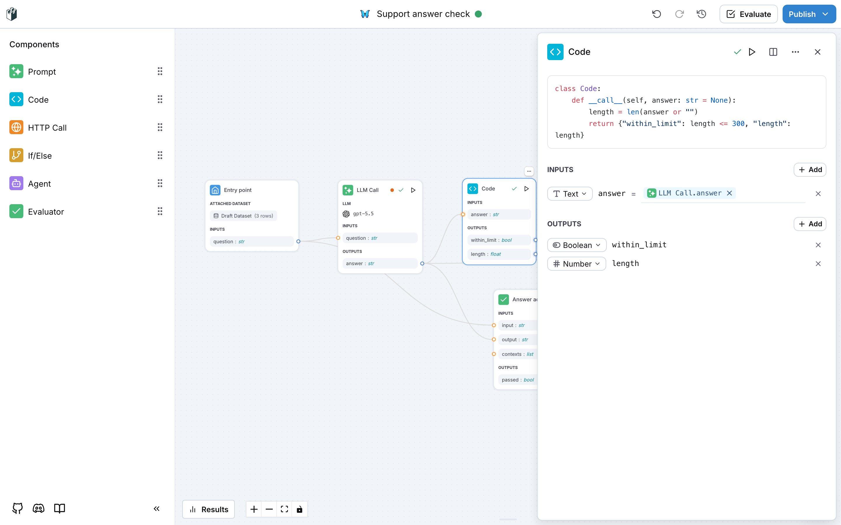 The Code drawer with the Python source, one input mapped to the LLM answer and two outputs