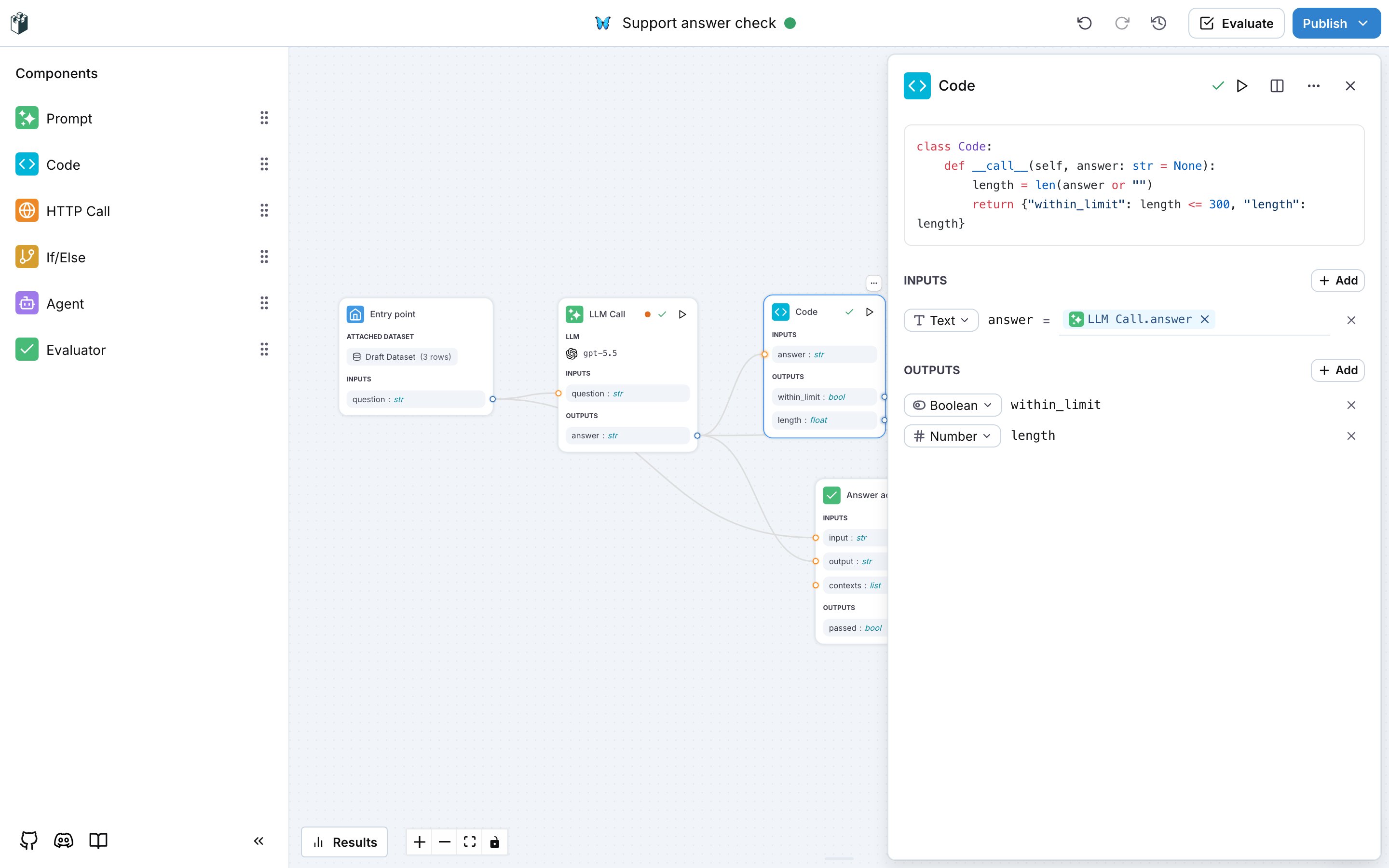 The Code drawer with the Python source, one input mapped to the LLM answer and two outputs
