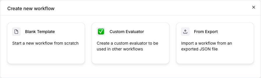 The Create new workflow dialog with Blank Template, Custom Evaluator and From Export