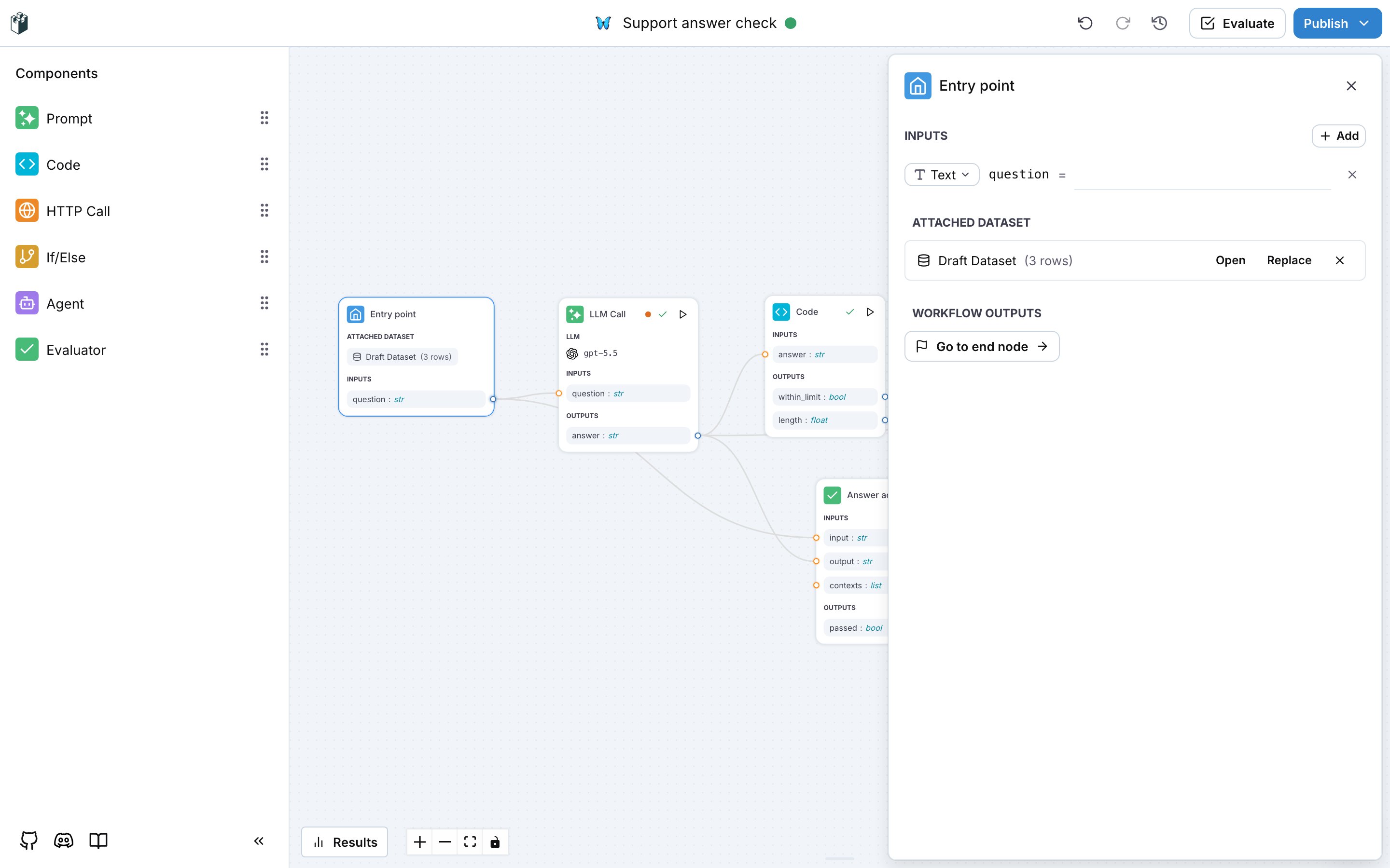 The Entry point drawer with a question input and an attached draft dataset