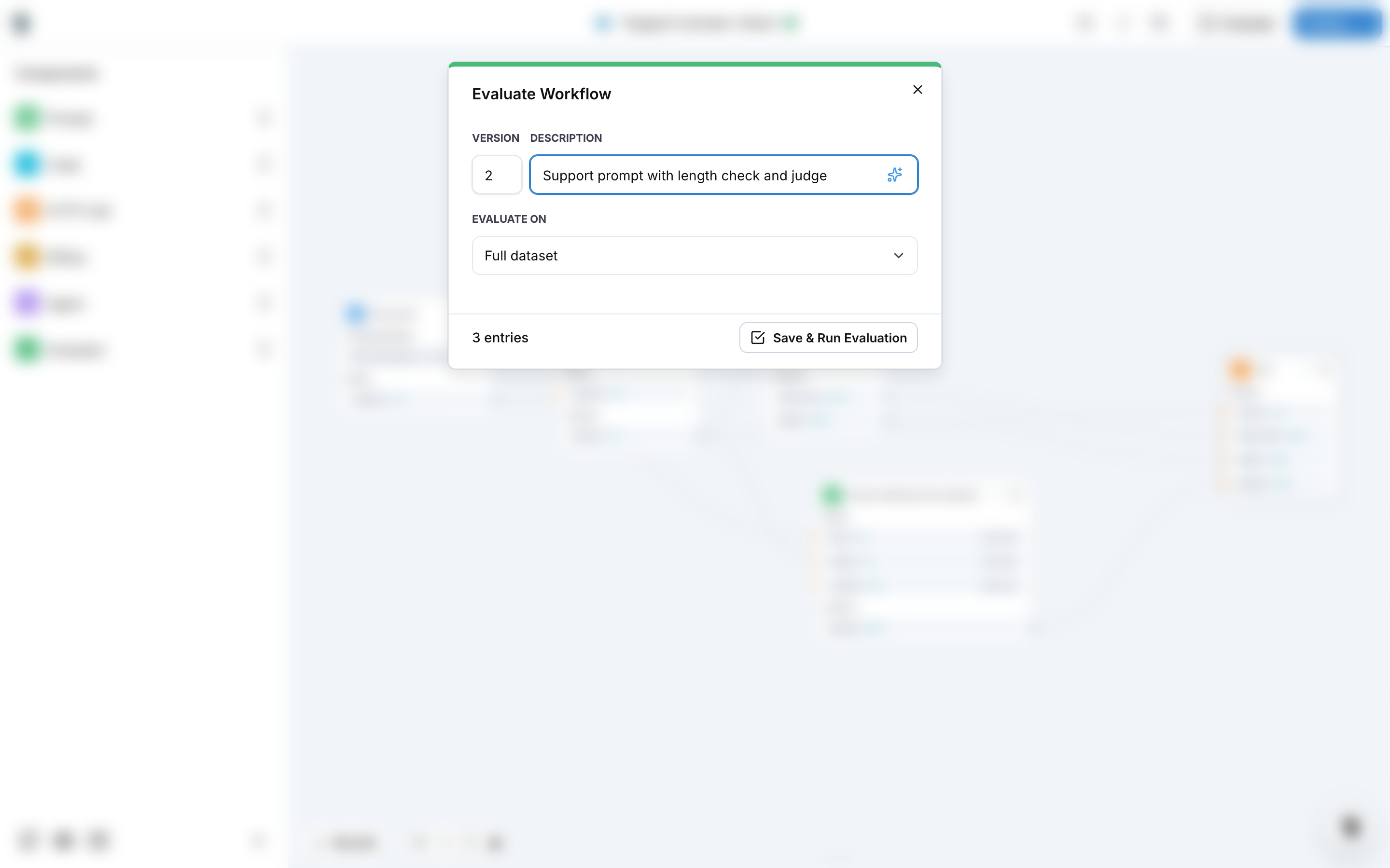 The Evaluate Workflow dialog with the version description and the Full dataset option