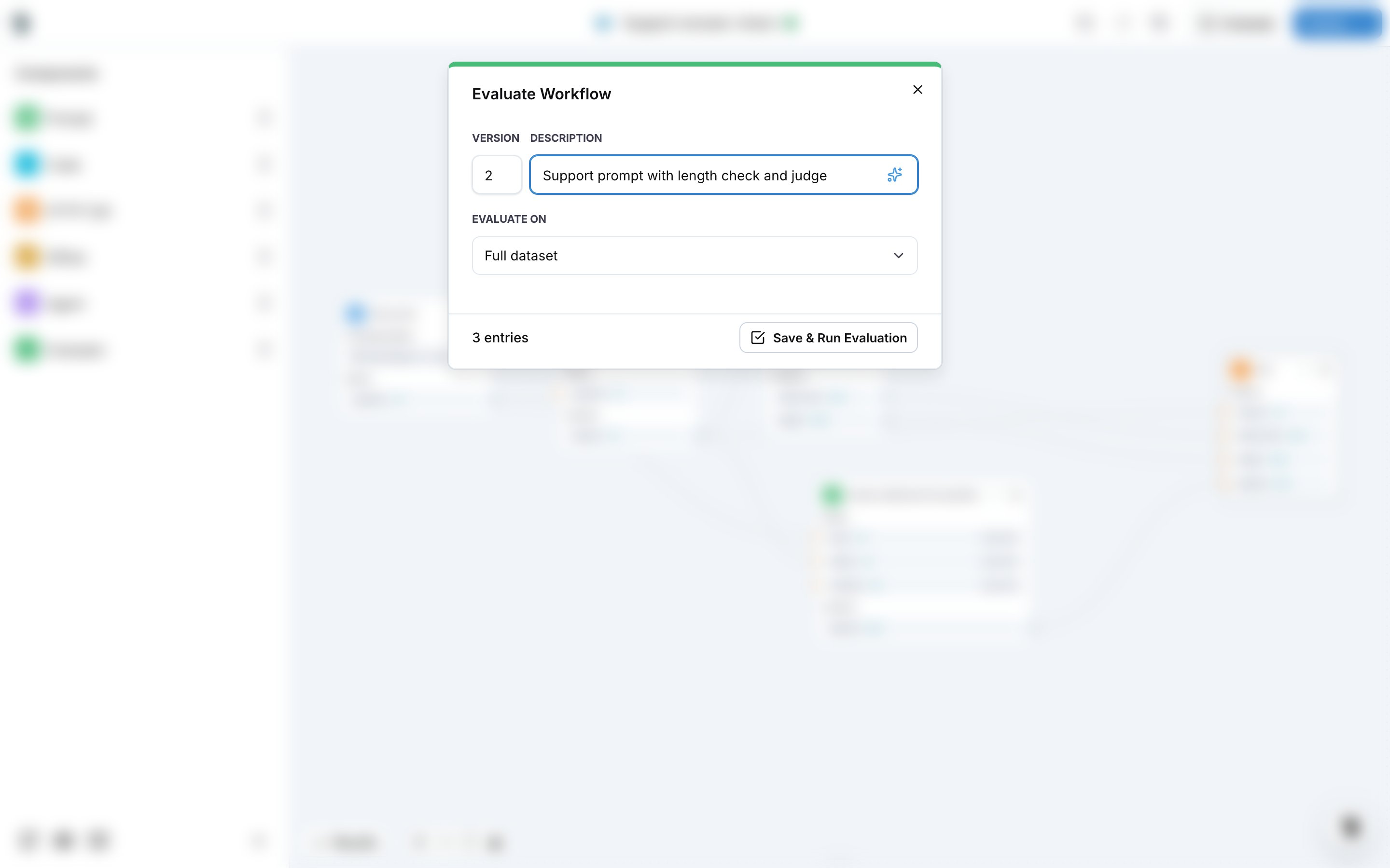 The Evaluate Workflow dialog with the version description and the Full dataset option