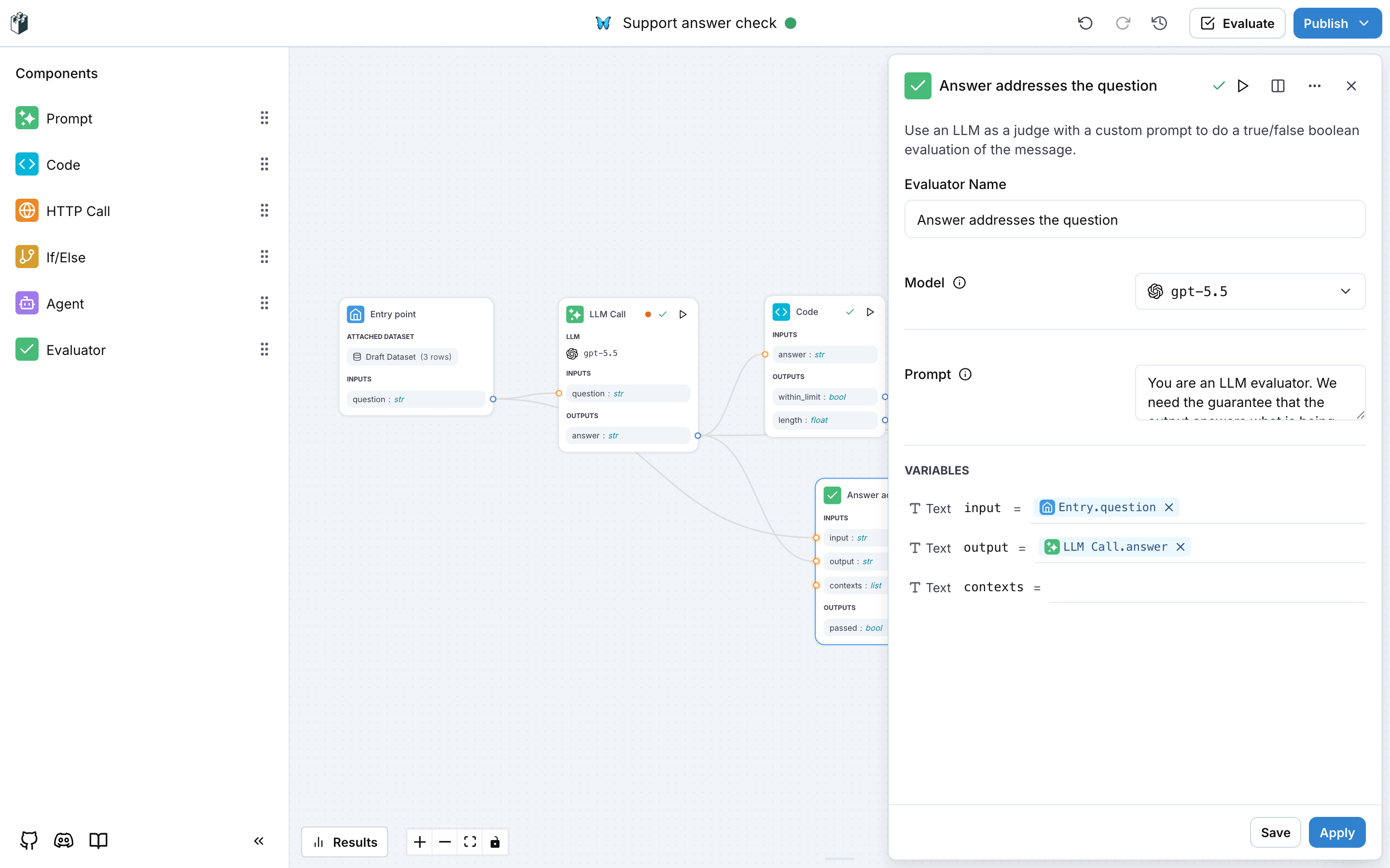 The evaluator drawer with the name, the model, the judge prompt and the variable mappings