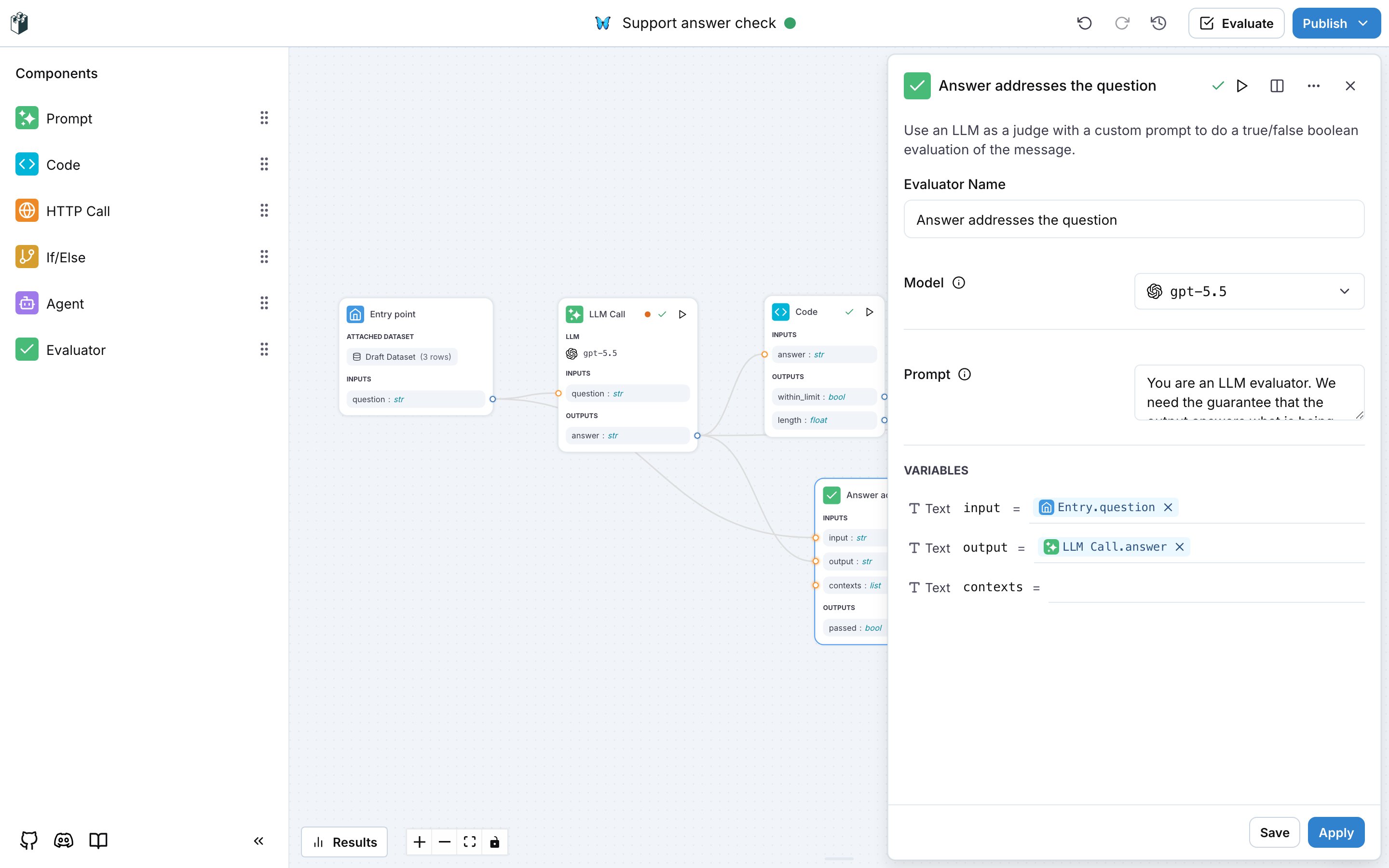 The evaluator drawer with the name, the model, the judge prompt and the variable mappings