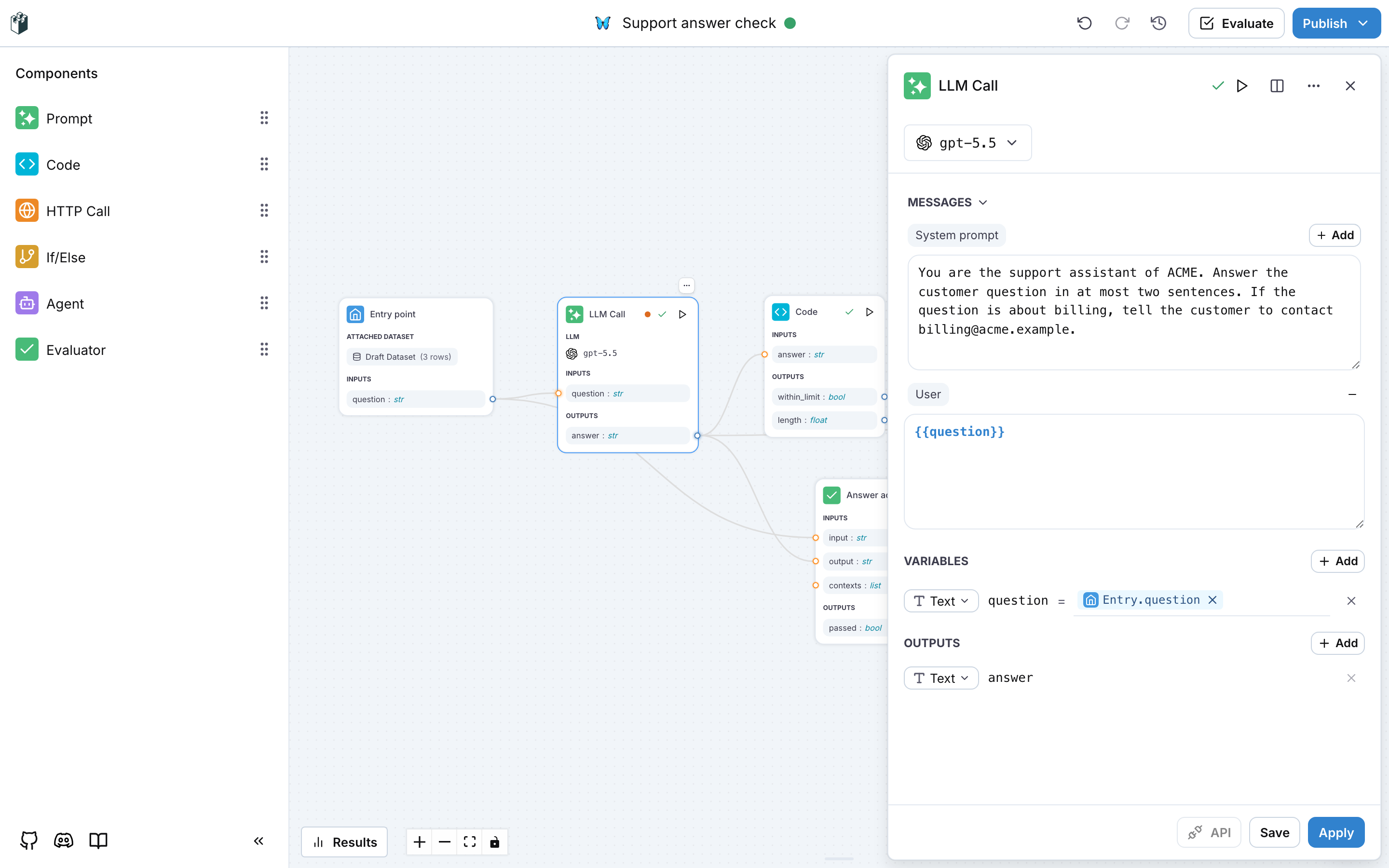 The LLM Call drawer with the model, the system prompt, the user message and the variable mapping