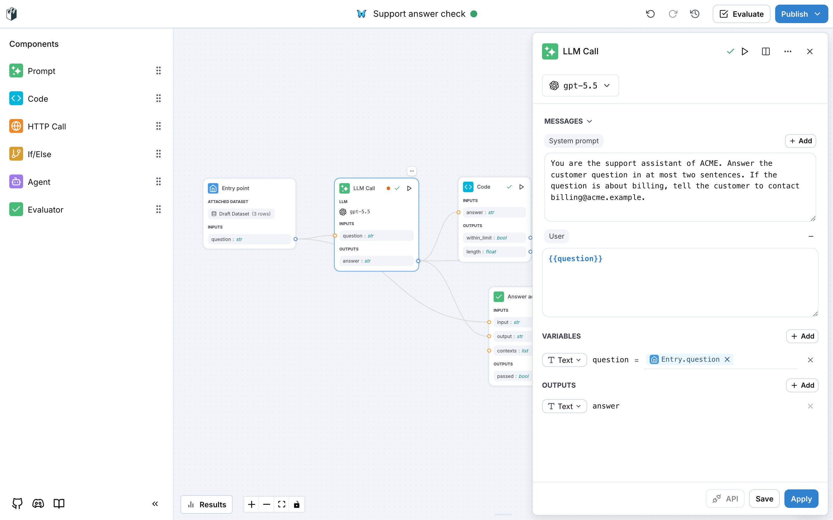 The LLM Call drawer with the model, the system prompt, the user message and the variable mapping