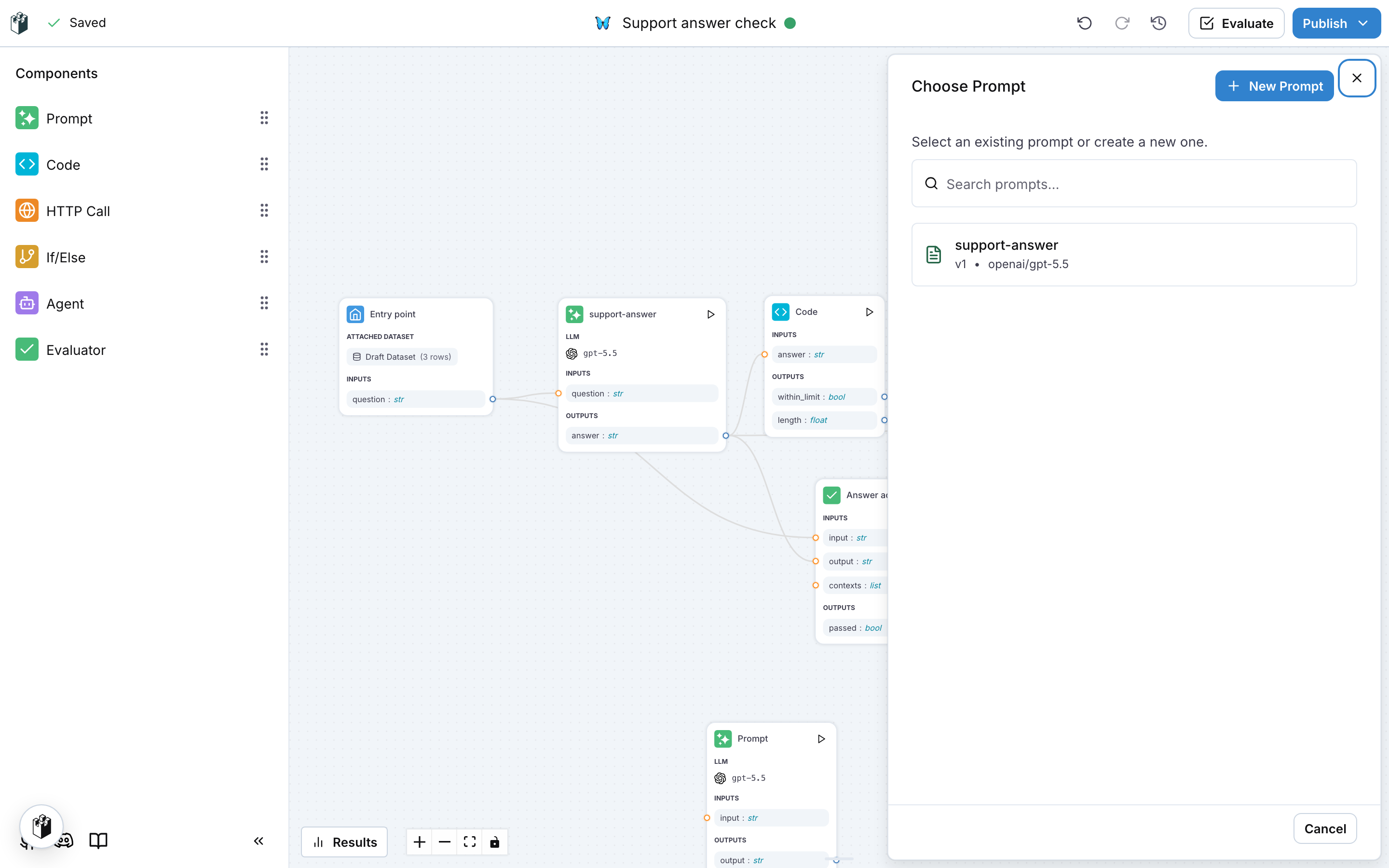 The Choose Prompt drawer listing the prompts of the project
