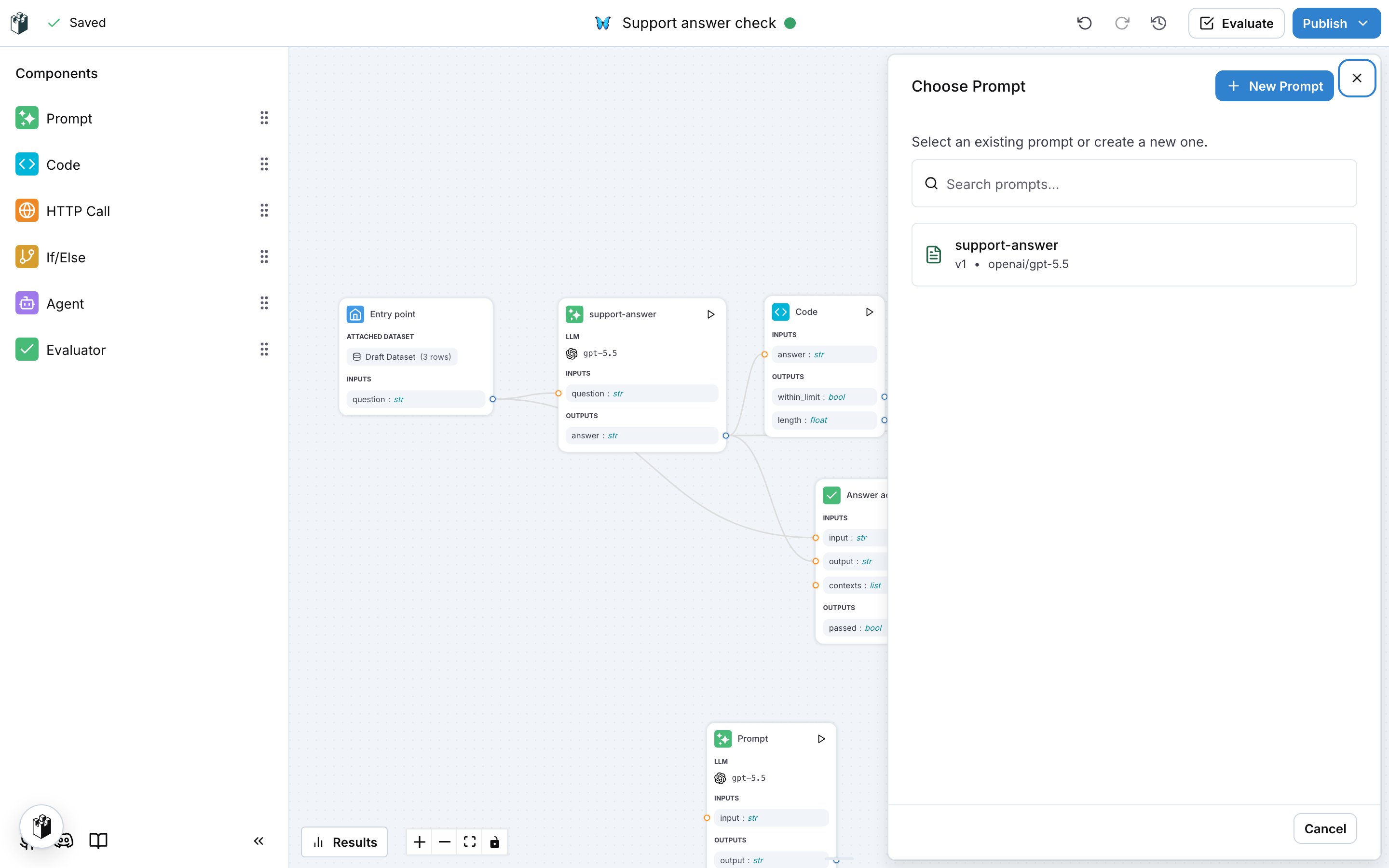 The Choose Prompt drawer listing the prompts of the project