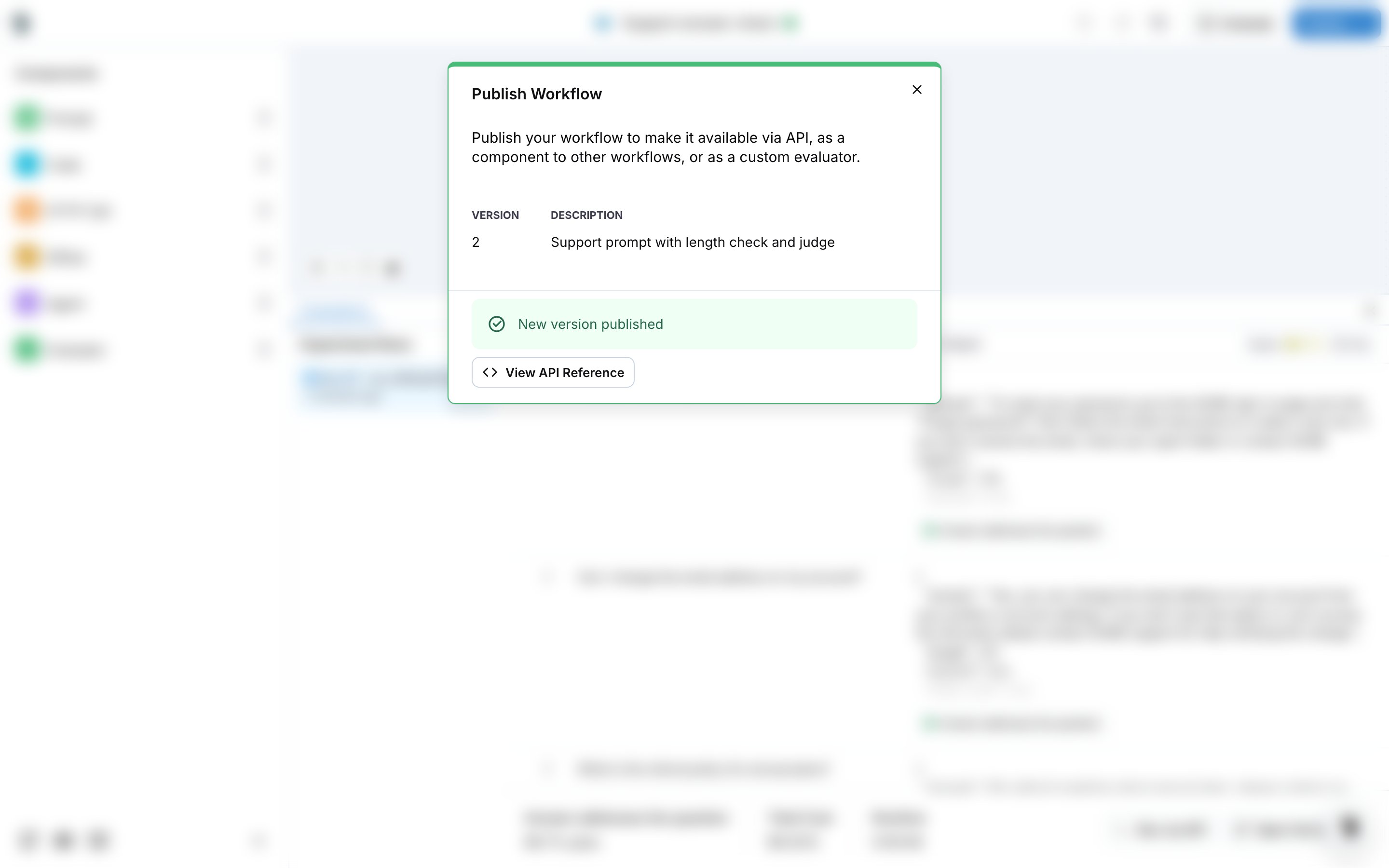 The Publish Workflow dialog after publishing version 2, with the View API Reference button
