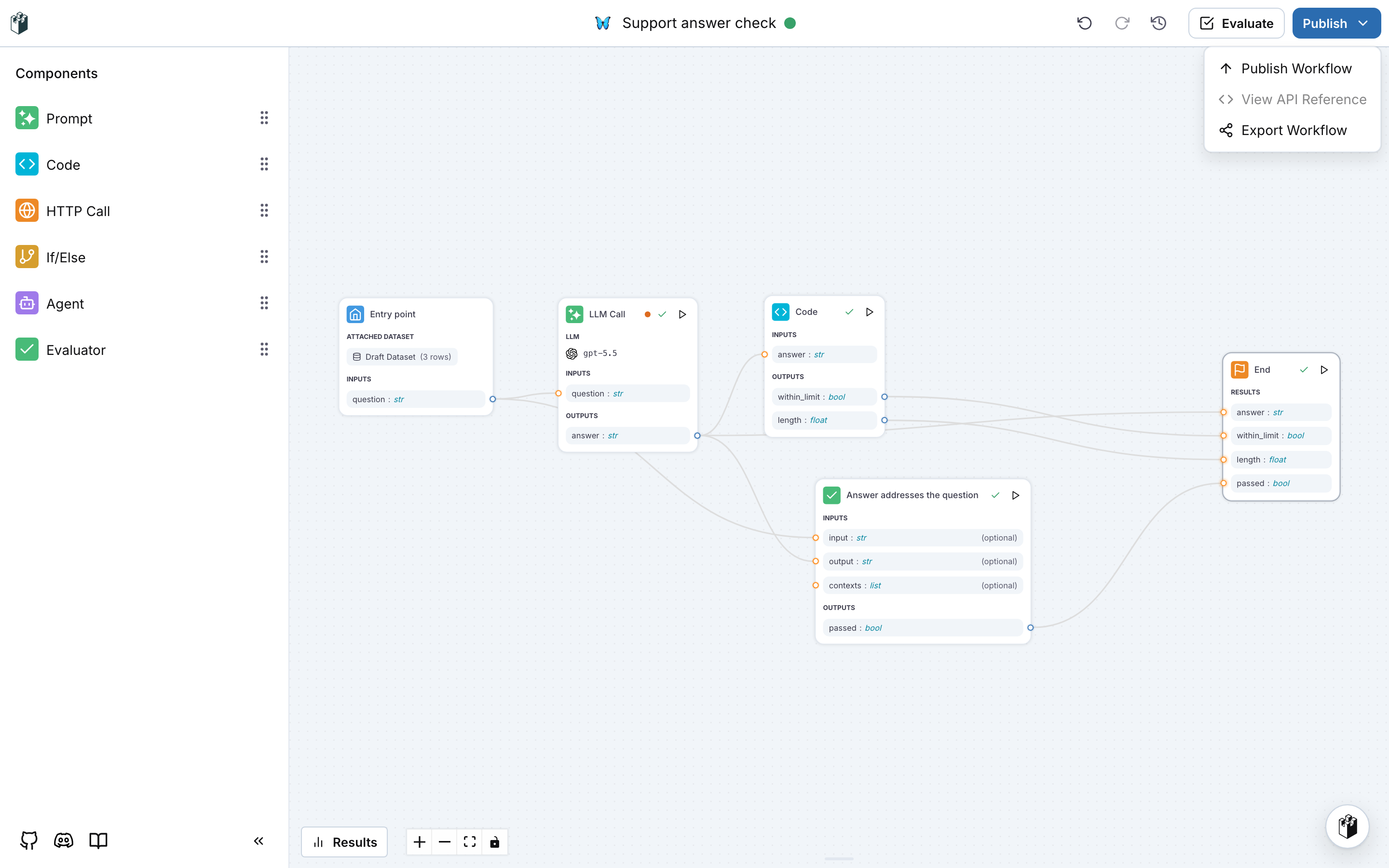 The Publish menu with Publish Workflow, View API Reference and Export Workflow