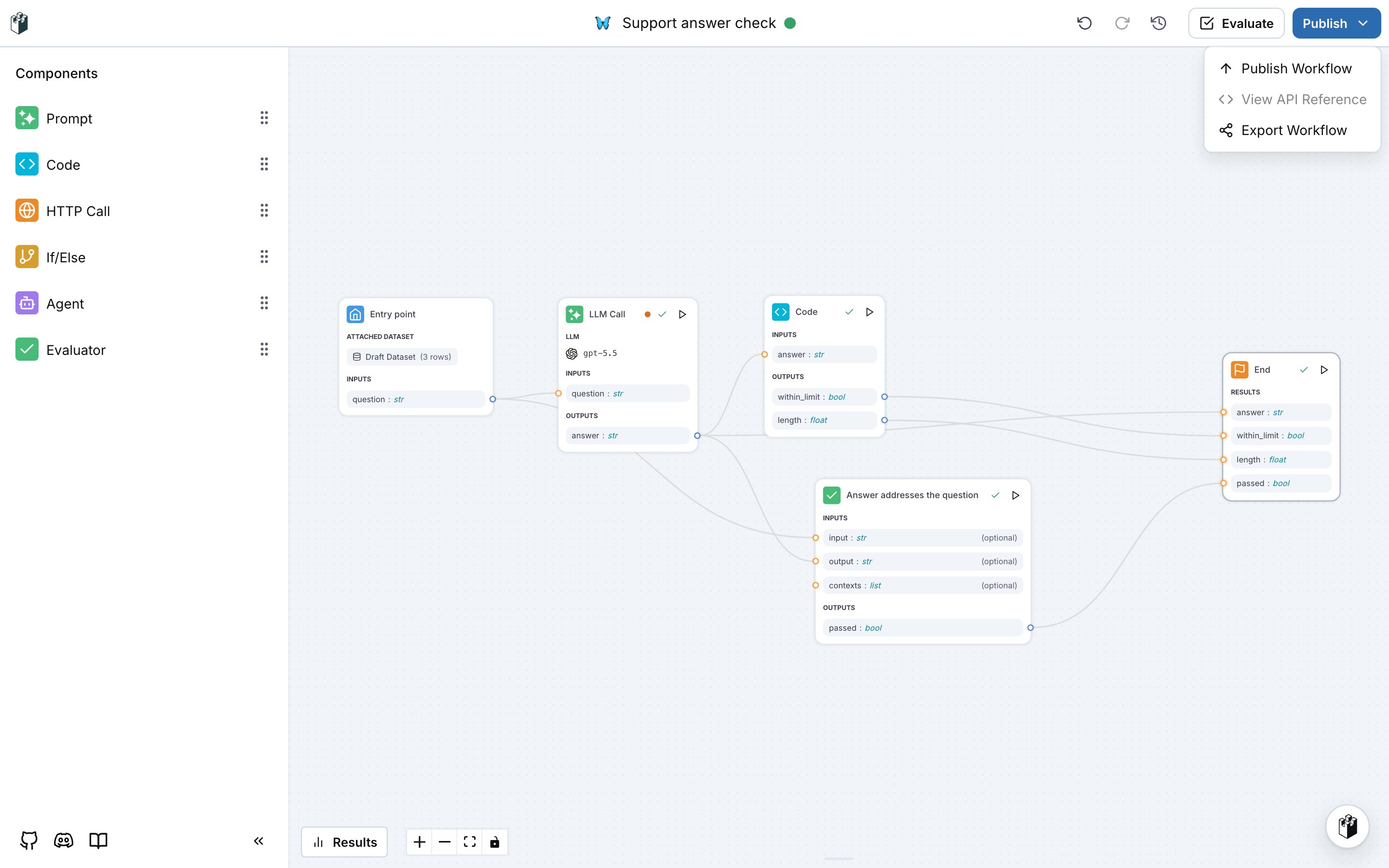 The Publish menu with Publish Workflow, View API Reference and Export Workflow