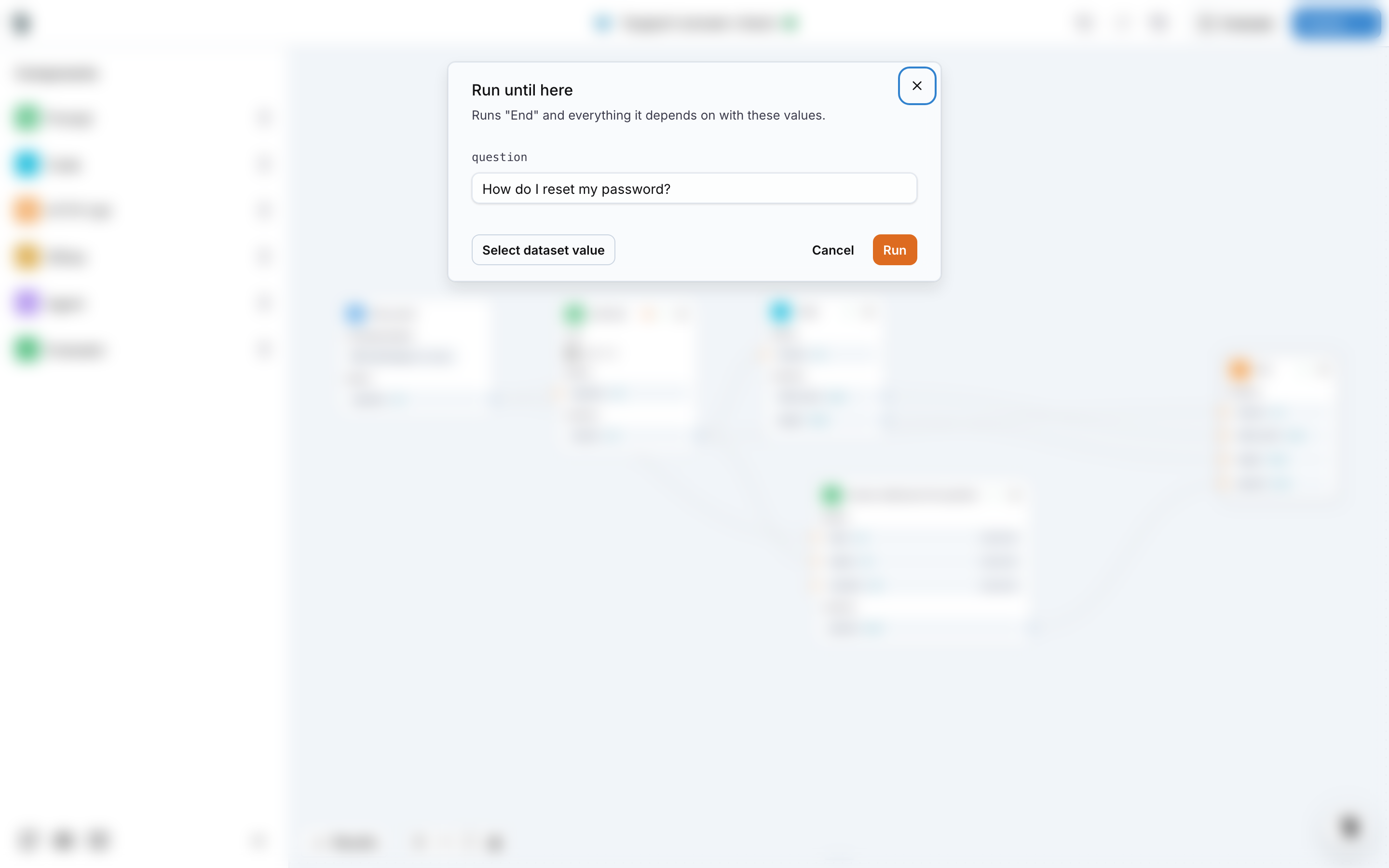 The Run until here dialog with the question field prefilled from the dataset