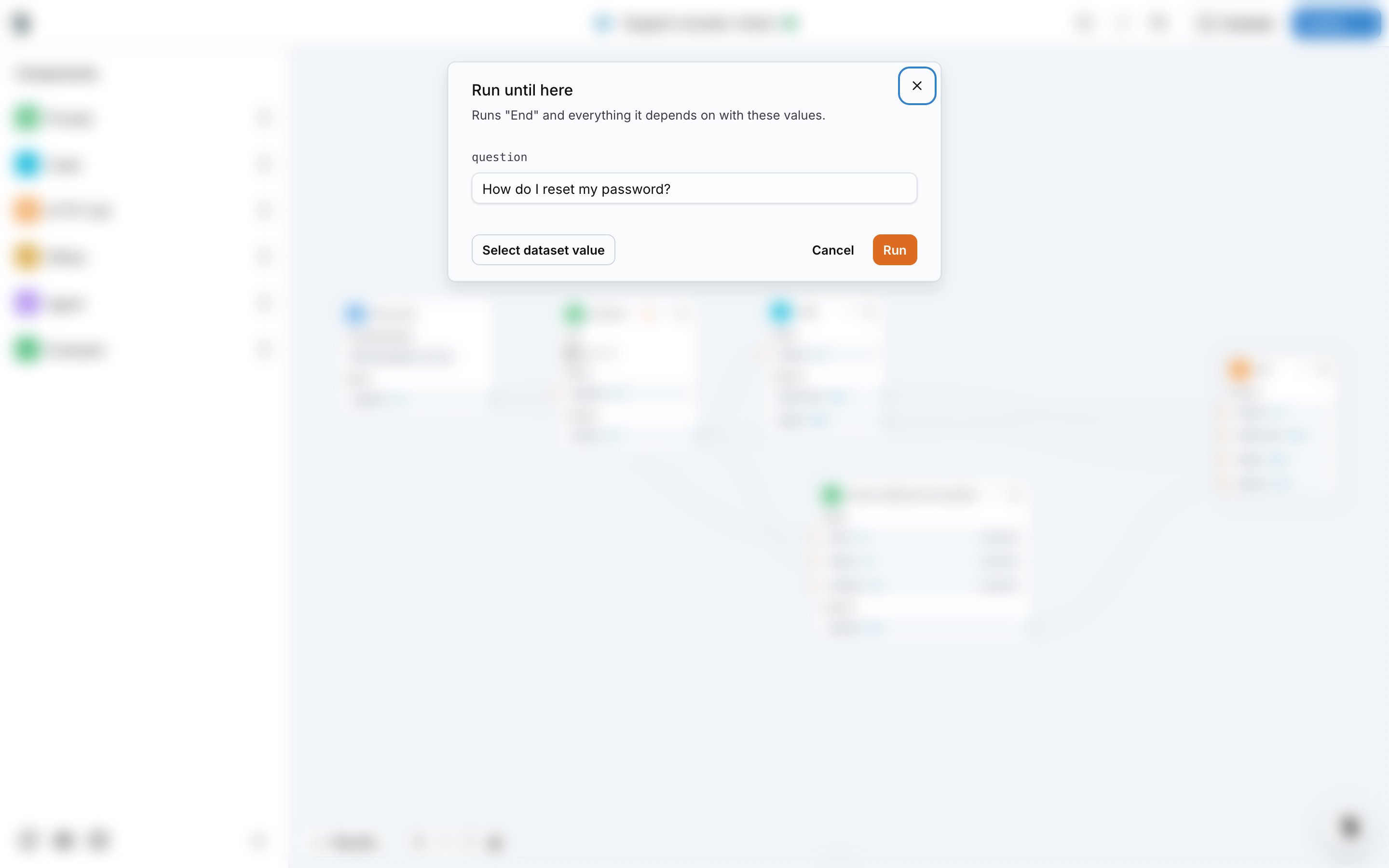 The Run until here dialog with the question field prefilled from the dataset
