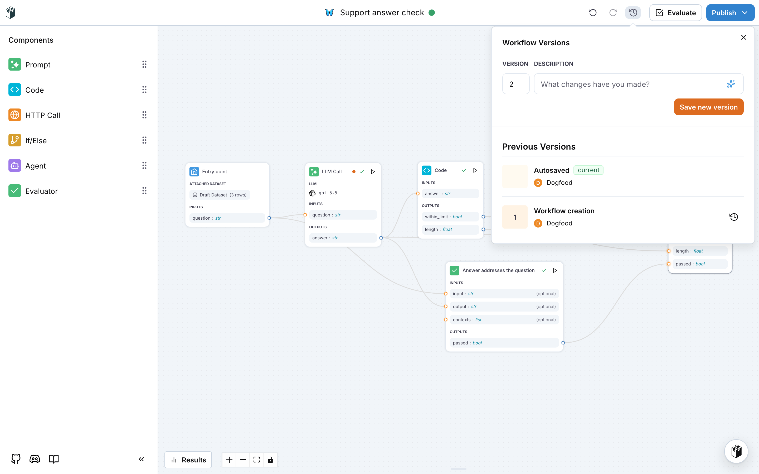 The Workflow Versions popover with the autosaved current state and version 1