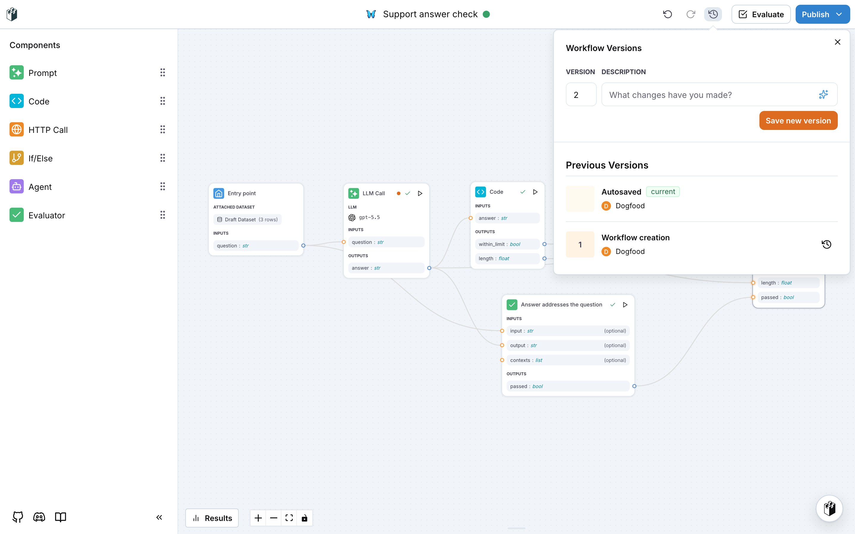 The Workflow Versions popover with the autosaved current state and version 1
