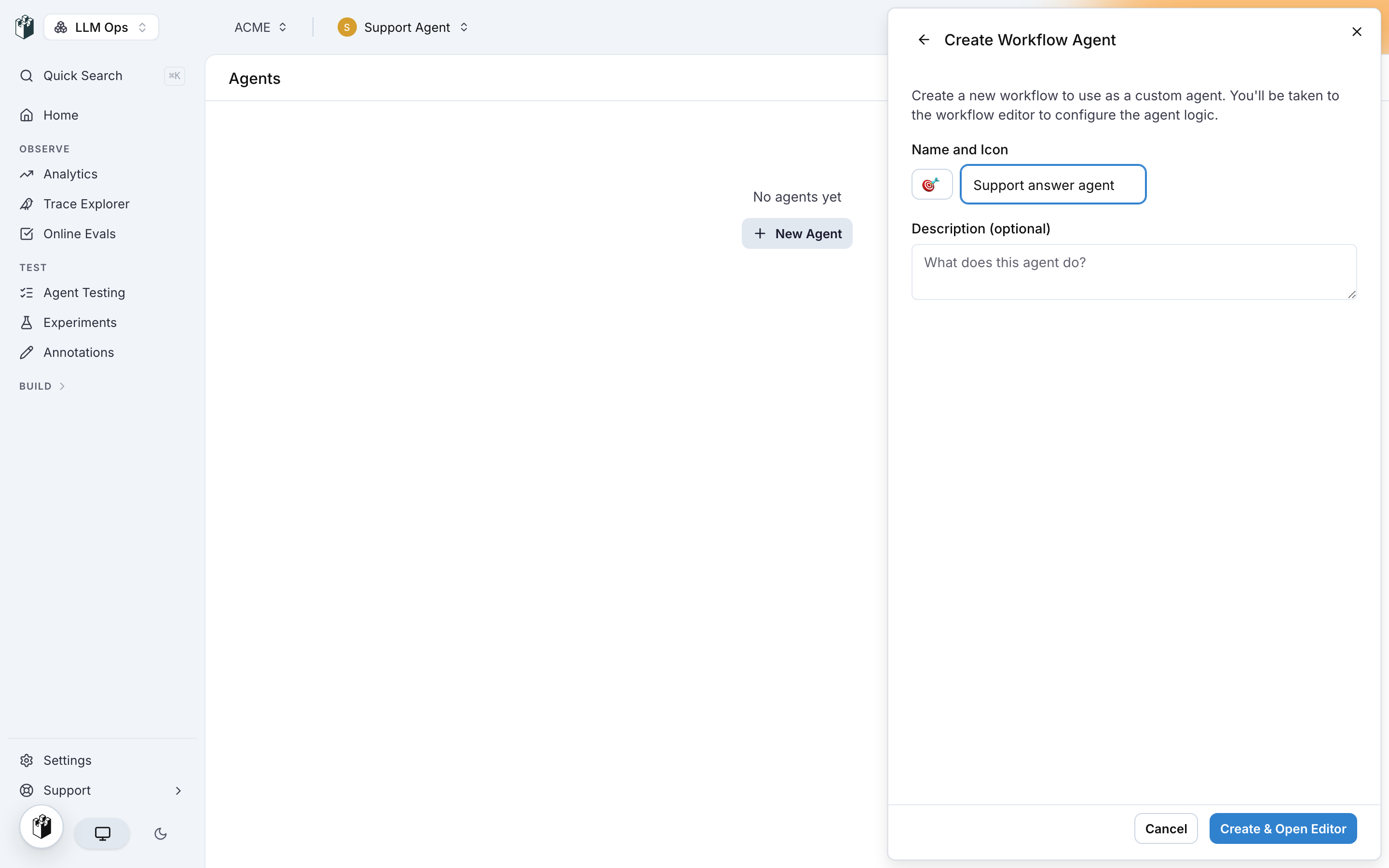 The Create Workflow Agent form with the name, icon and description fields