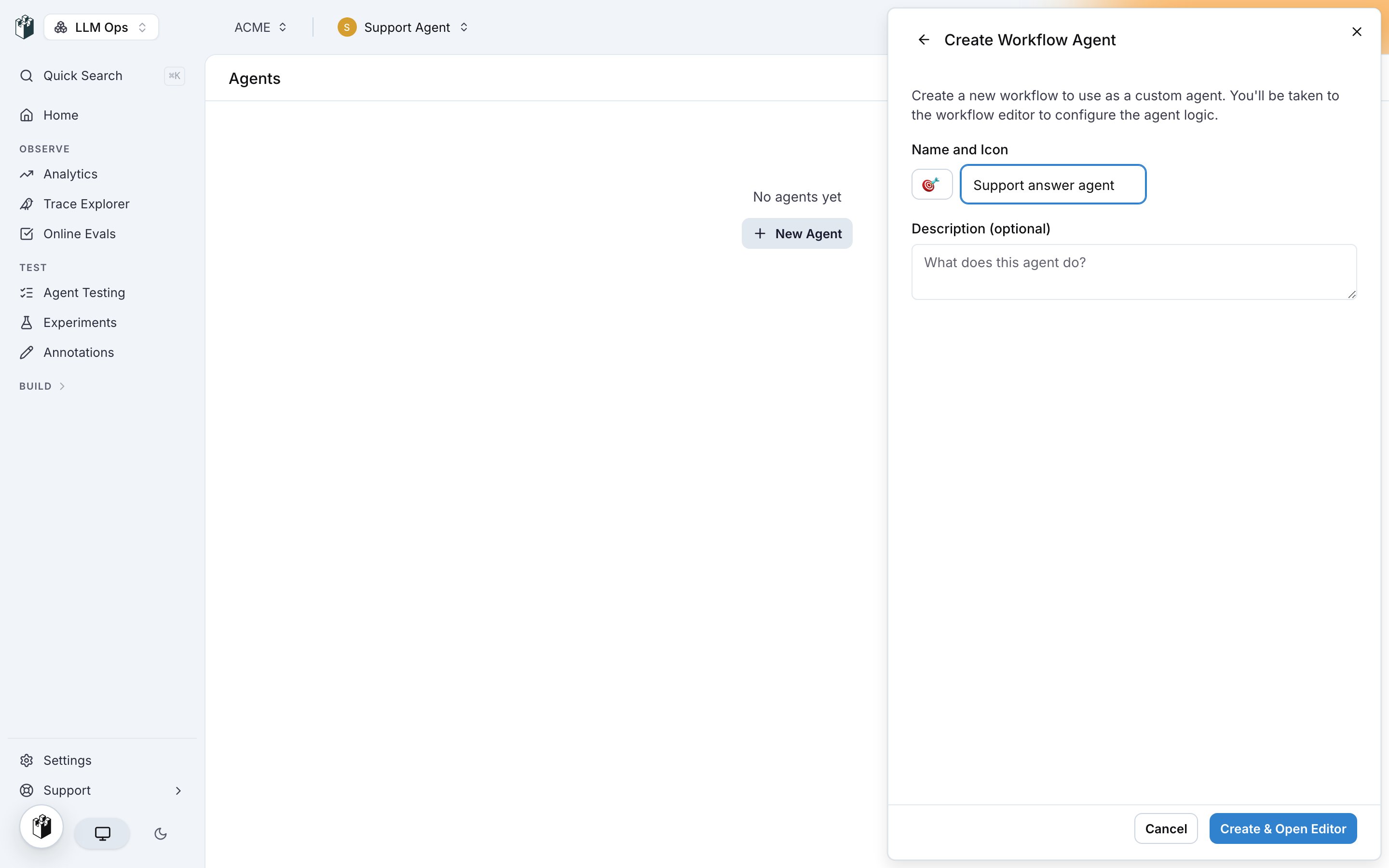 The Create Workflow Agent form with the name, icon and description fields